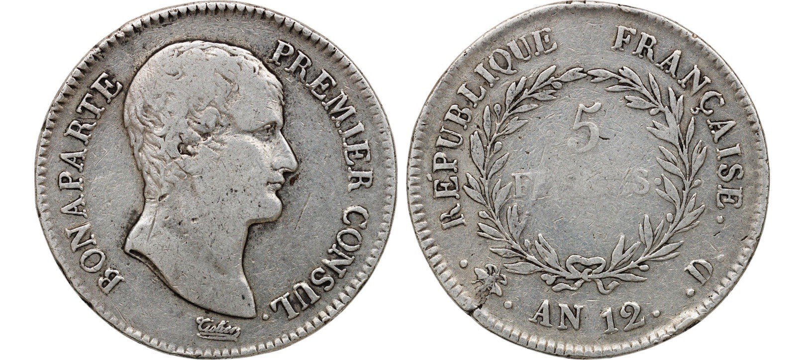 RARE France Napoleon I AN-12-D 1803 Premier Consul 5 Francs Coin Lyon Mint