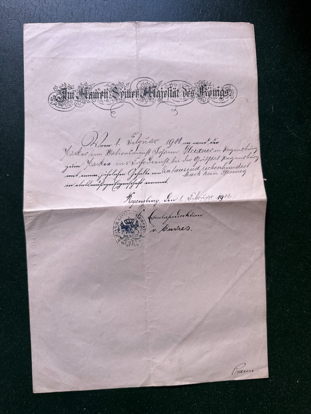 Old Letter In The Name Of His Majesty King Regensburg 1911 (1461)