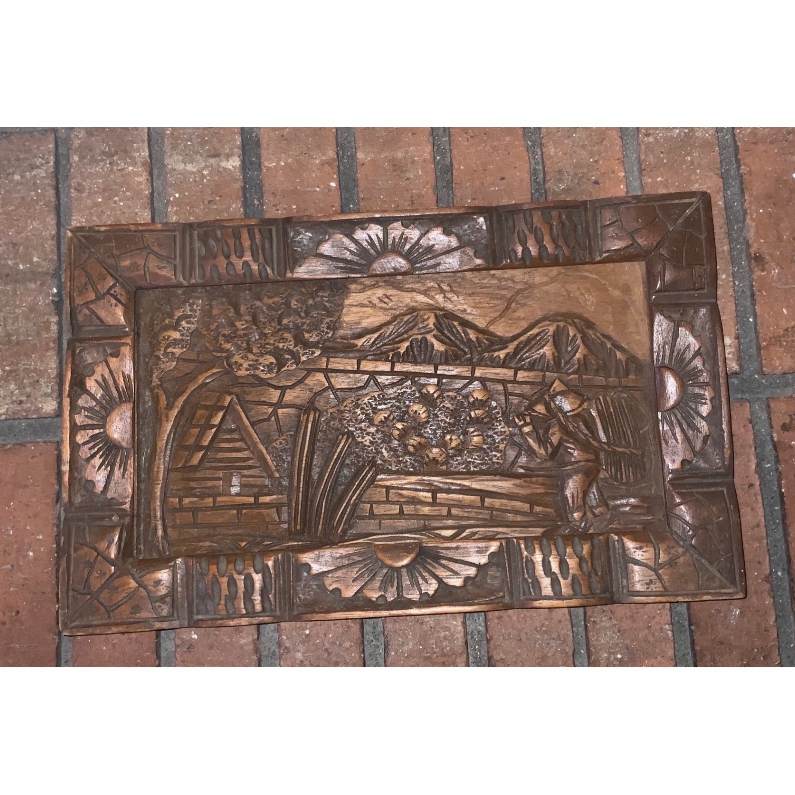 Vintage Hand Carved Wood Wall Plaque Relief Landscape Scene Folk Art Panel