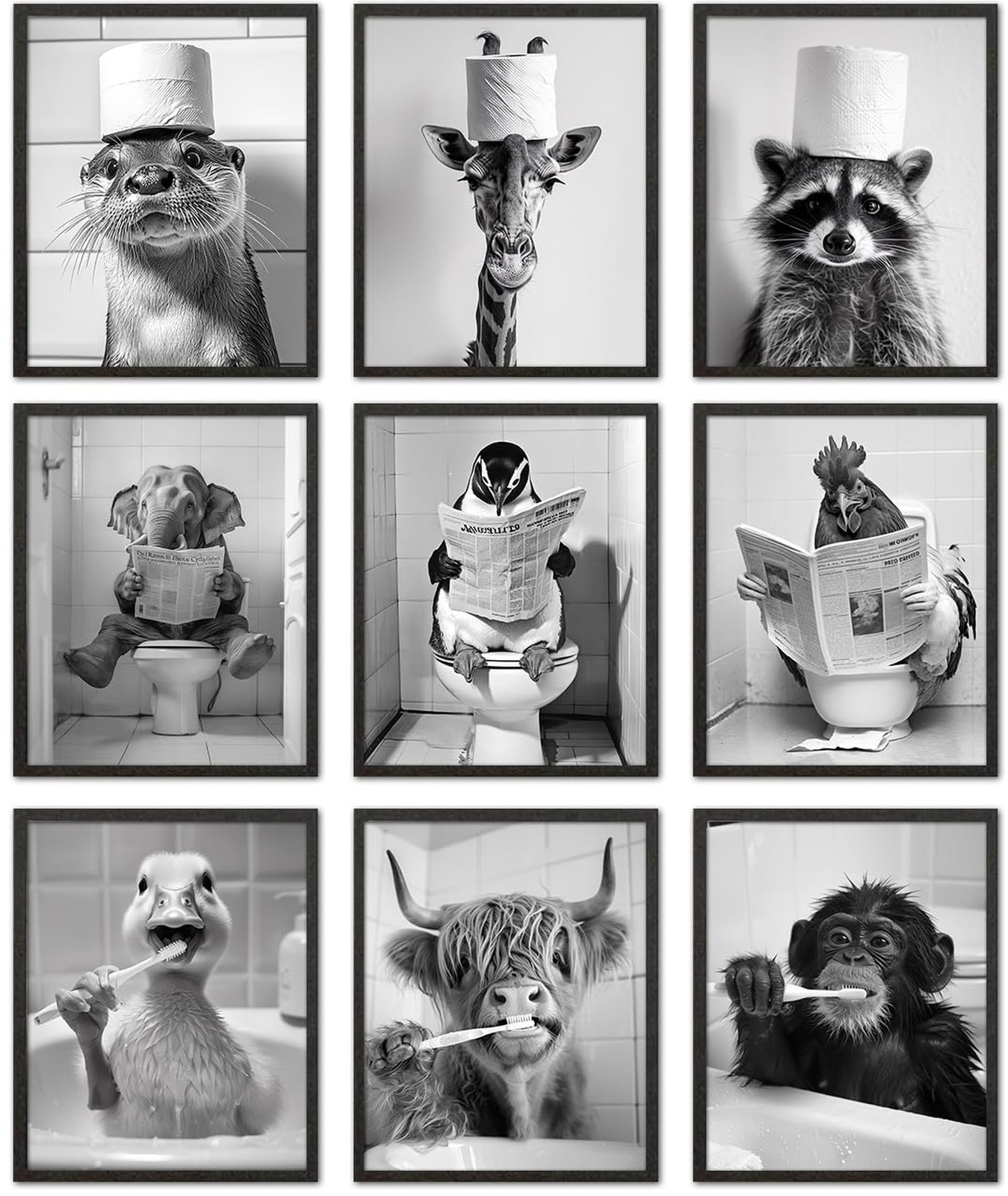 Kizbok Funny Bathroom Wall Art, Black and White Wall Art, Cute Animals Canvas...