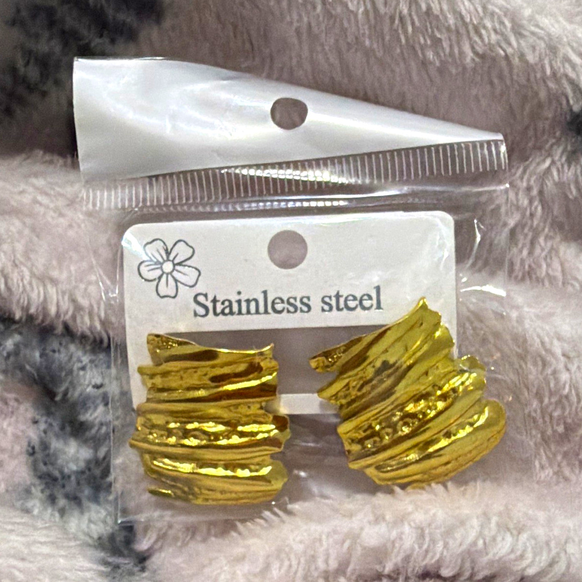 Gold Tone Stainless Steel Textured Asymmetrical Stud Earrings Butterfly Back Gold Tone Stainless Steel Textured Asymmetrical Stud Earrings Butterfly Back