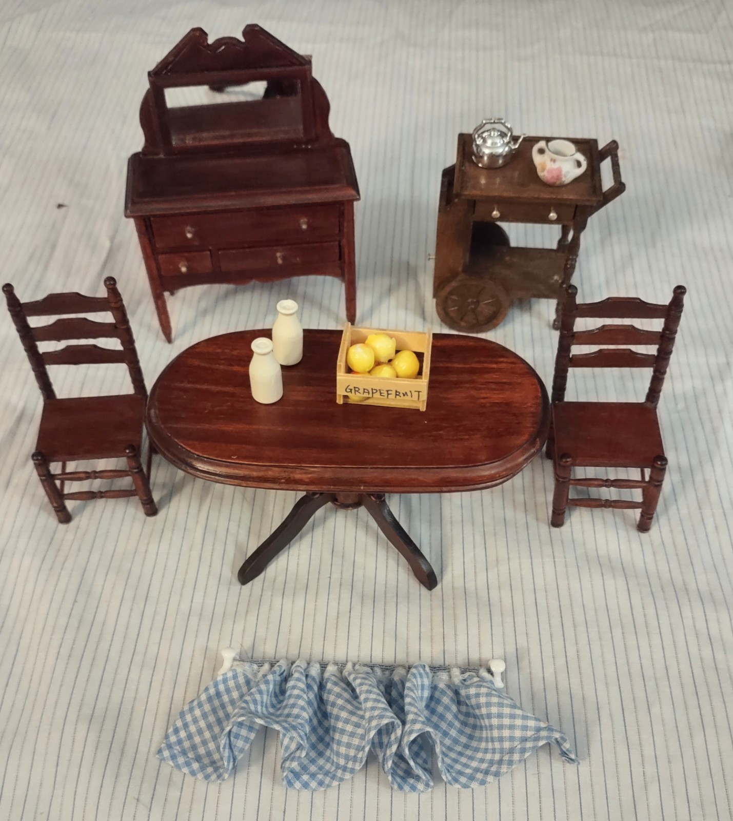 1:12 Dollhouse vintage Dining Room Set Lot Wood Table Chairs Sideboard Tea Cart 