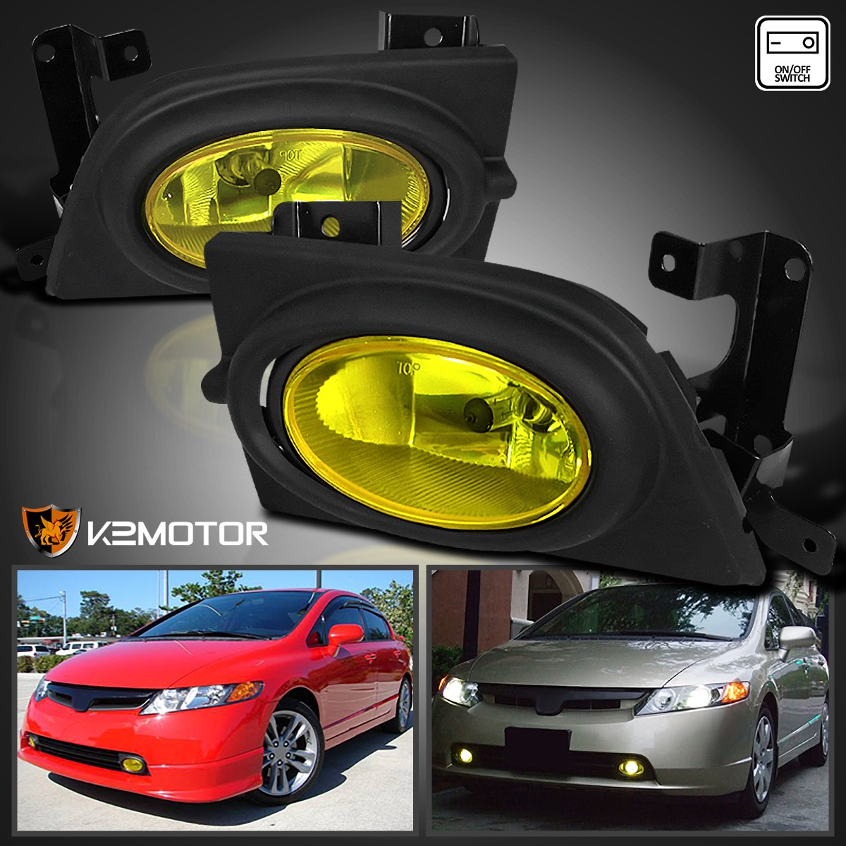 Fits 2006-2008 Honda Civic 4Dr Yellow Driving Fog Lights Lamps+Switch+Wiring Fits 2006-2008 Honda Civic 4Dr Yellow Driving Fog Lights Lamps+Switch+Wiring