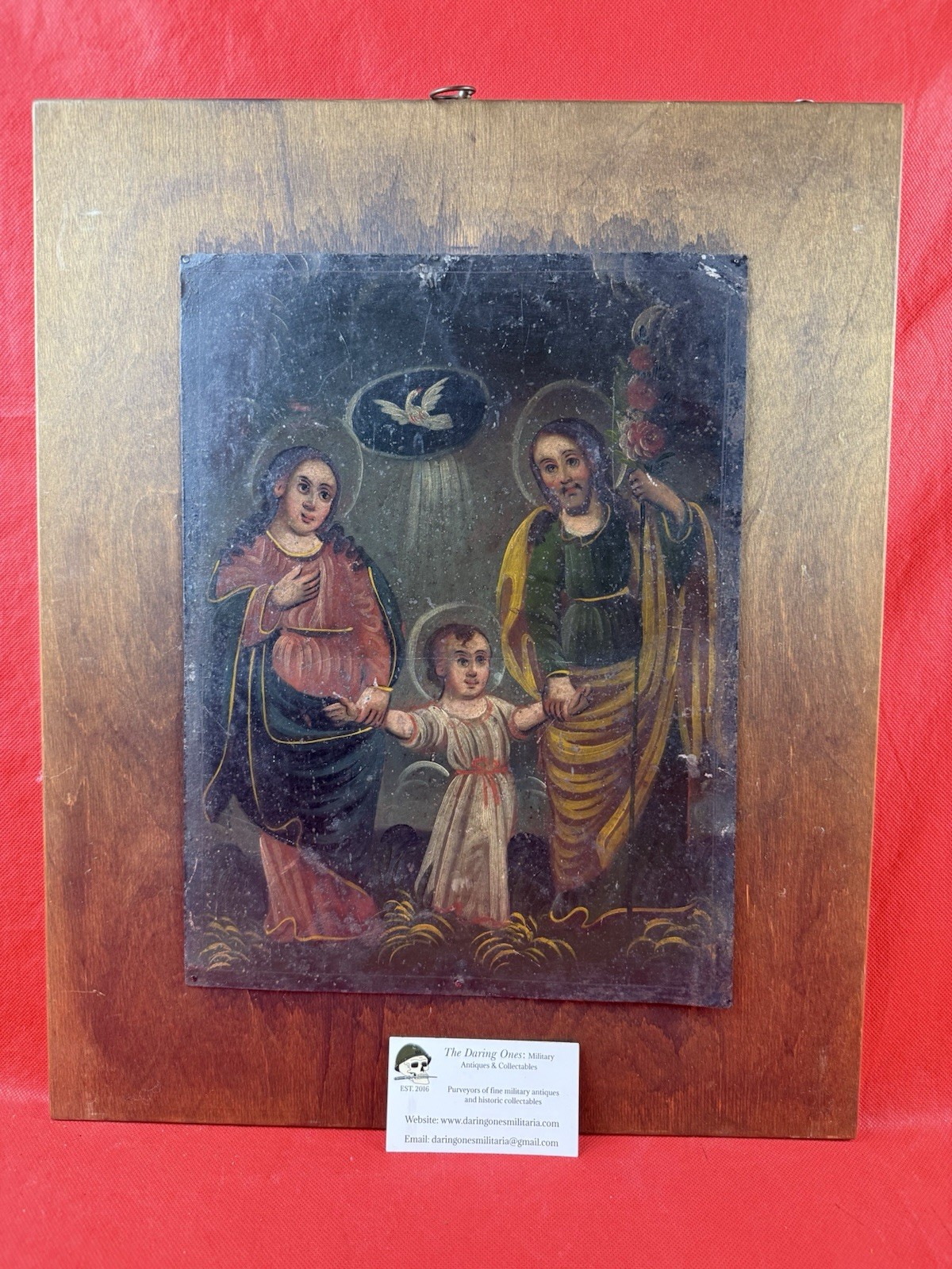 Original Antique 19th Century Spanish Oil Painting On Tin La Sacra Familia