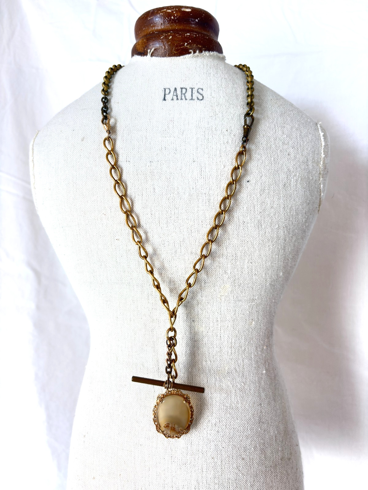 Antique Gold-Filled Pocket Watch Chain & Agate Fob Necklace
