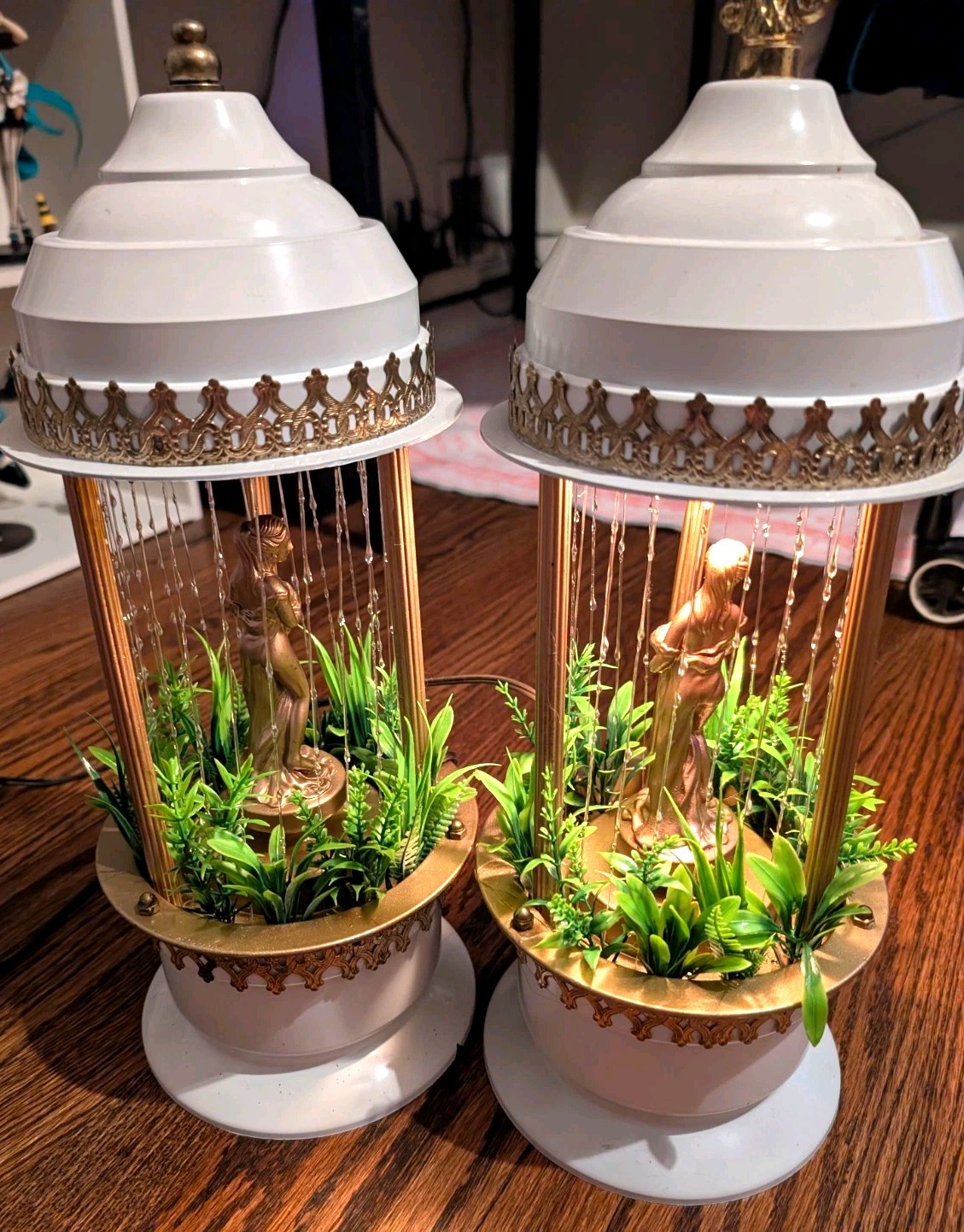 RARE WORKING matching Pair White & Gold Oil Rain Lamps. *Read Description*