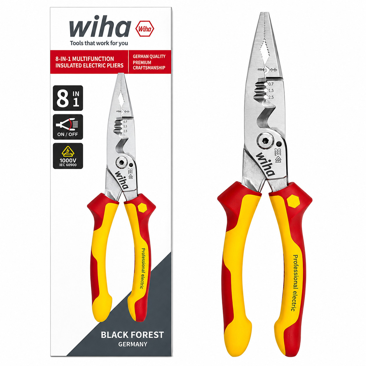 Wiha 45489 8-in-1 Electrician Pliers VDE 1000V Insulated Wire Stripper Crimper