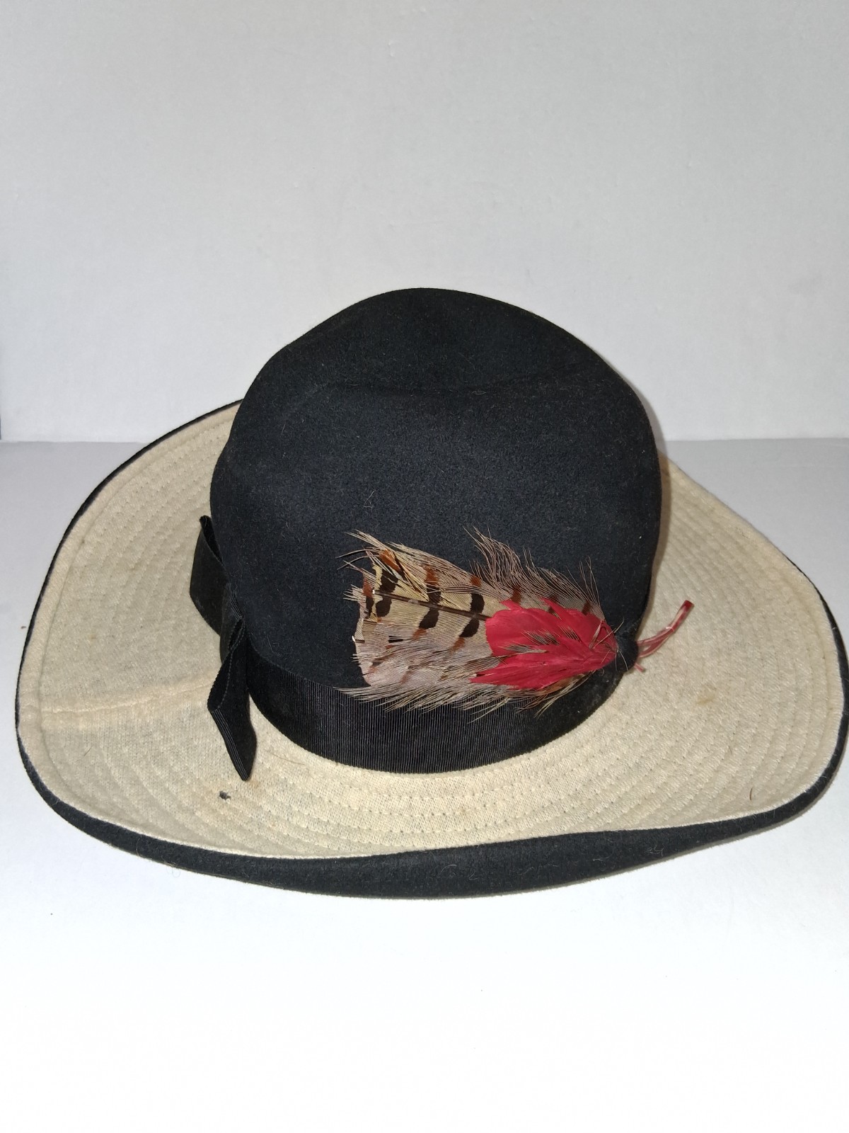 Vintage Mr. John Classic Excello WOOL Black Wide Brim Hat Pheasant Feather RARE