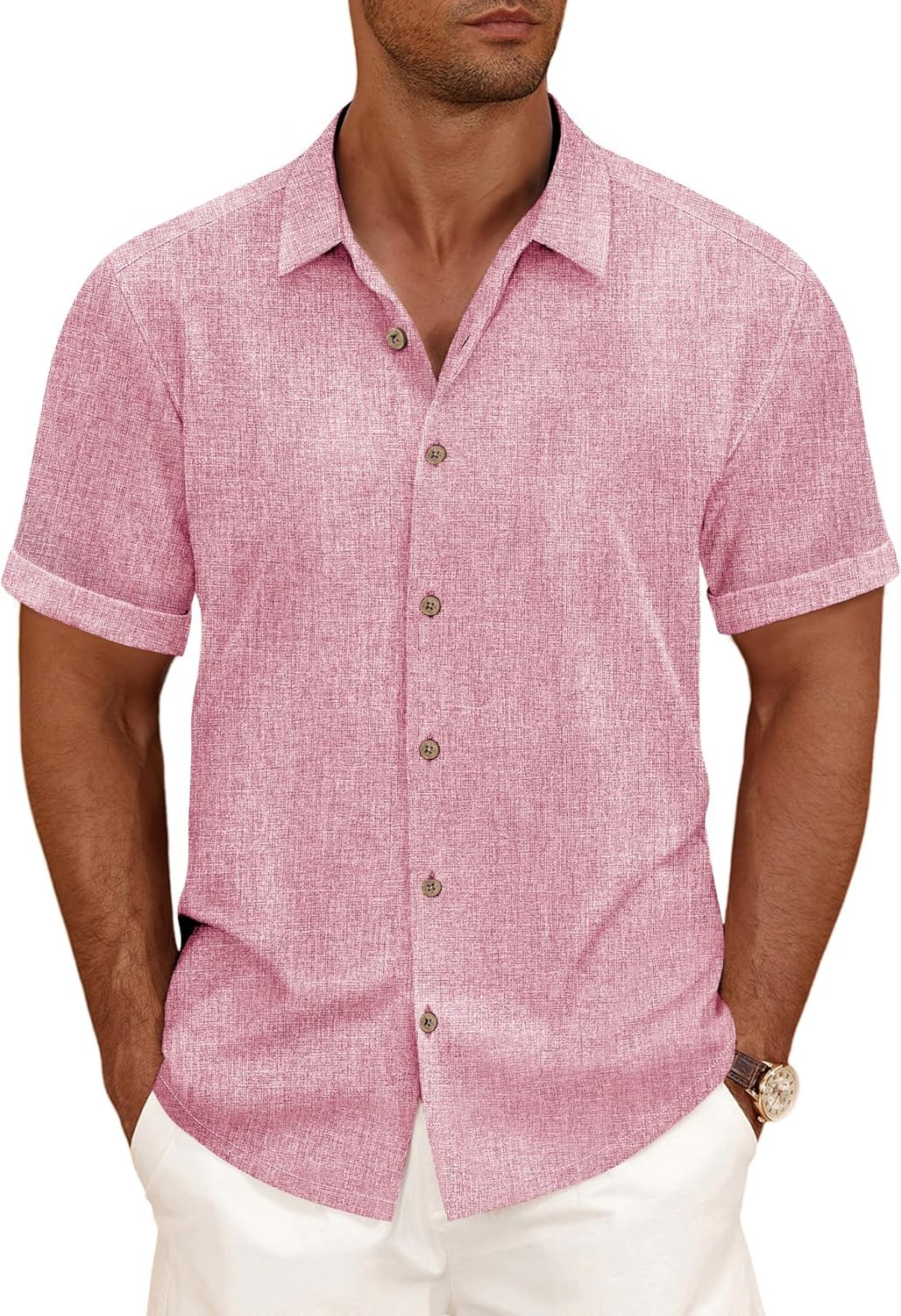 Men\'s Linen Blend Short Sleeve Button Down Shirt Breathable Casual Summer Beach