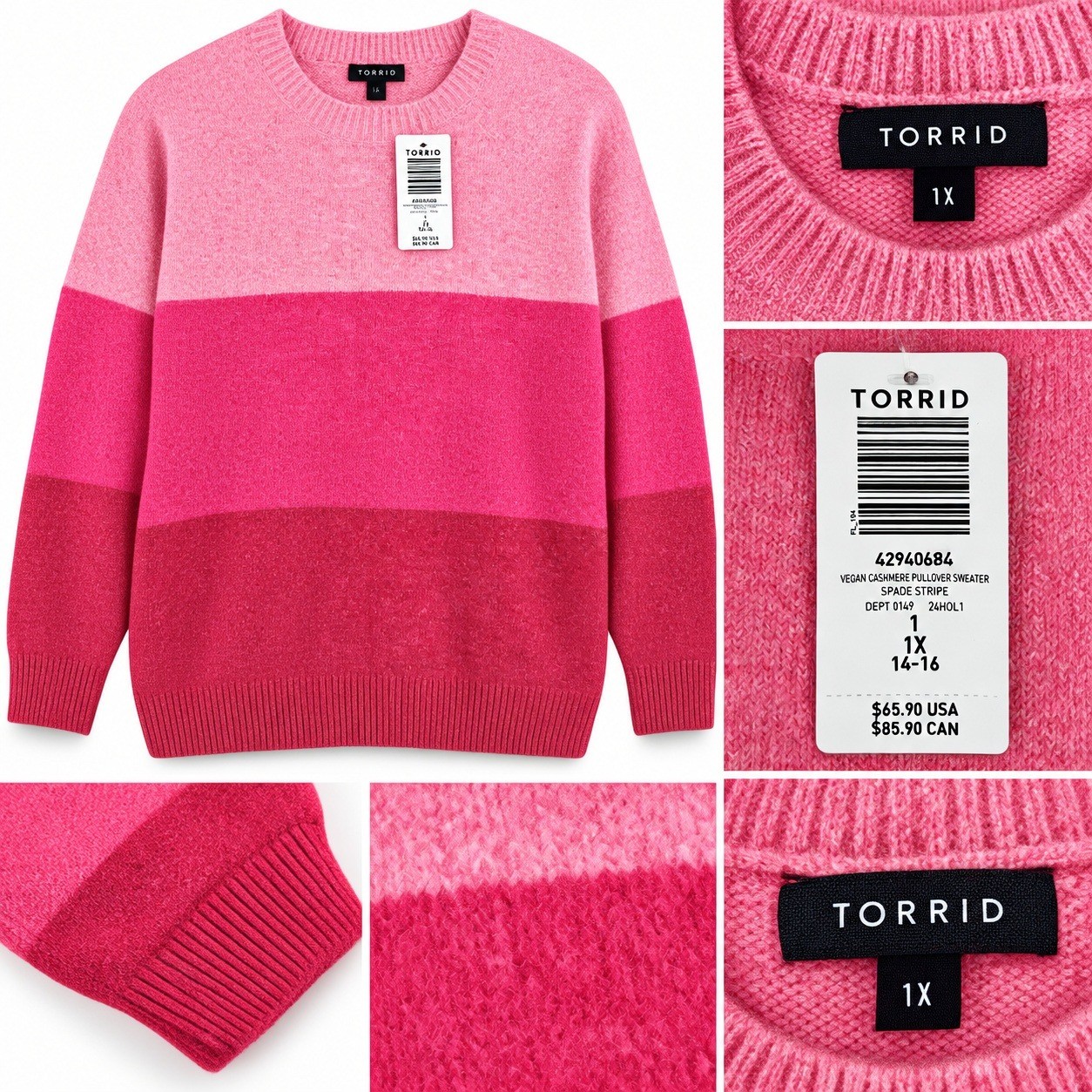Torrid Vegan Cashmere Sweater Women 1X Pink Red Spade Stripe Colorblock Relaxed
