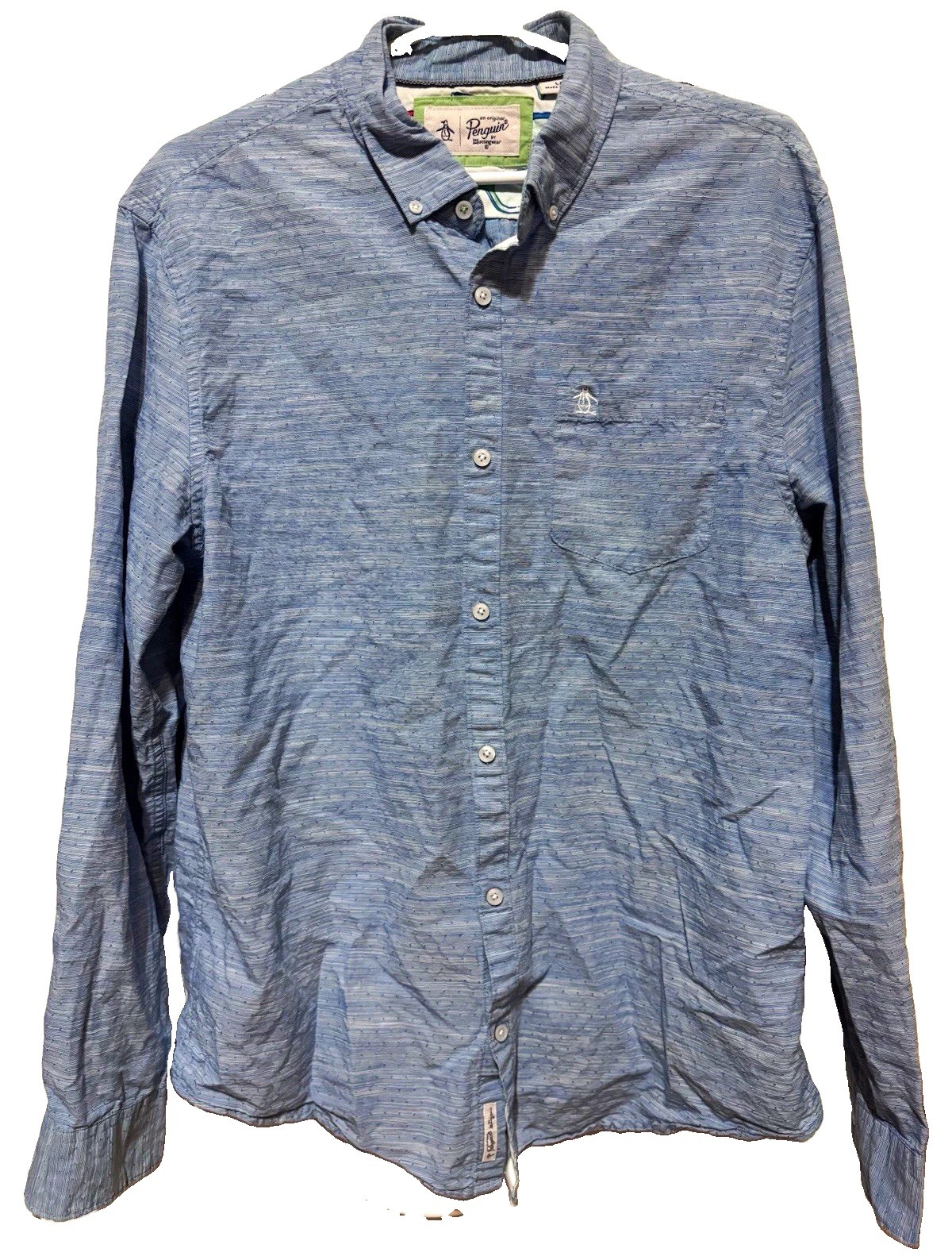 Original Penguin Mens L Blue Textured Cotton Woven Long Sleeve Button Down