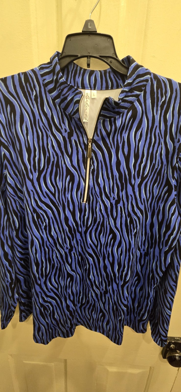 Sz L Lulu B Colorful Comfy Clothing Blue 2 Tone Zebra Print Quarter Zip EUC