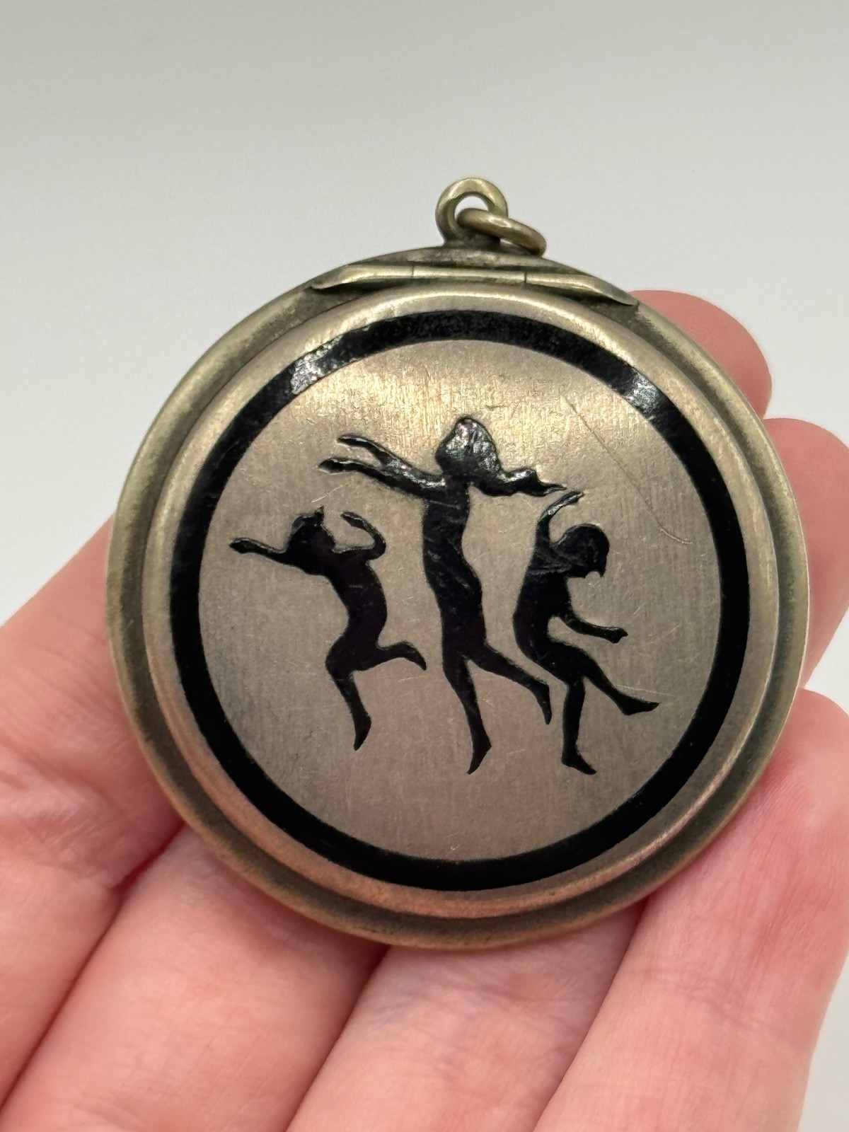 Antique Art Deco Alpacca Silver Tone Enamel Dancer Mirror Compact Pendant