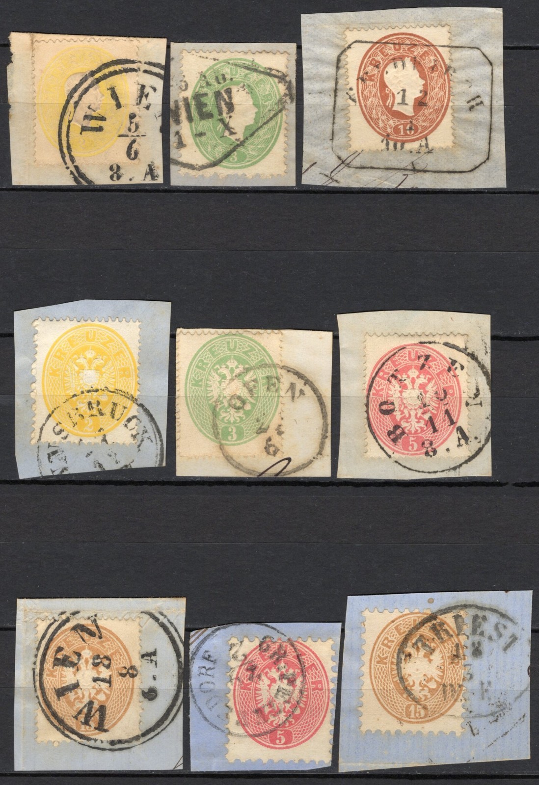 #666 - Austria - 1860/1864 - Lot of 9 Fragment Stamps