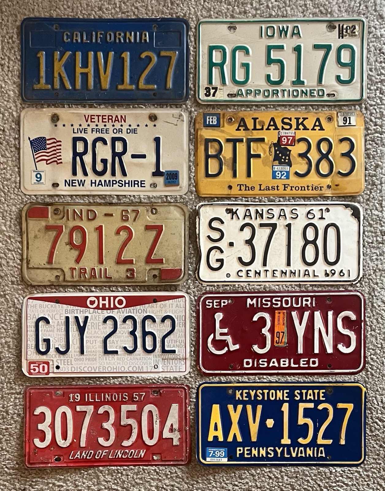 10 Pack of Rustic / Worn License Plates From 10 Different States