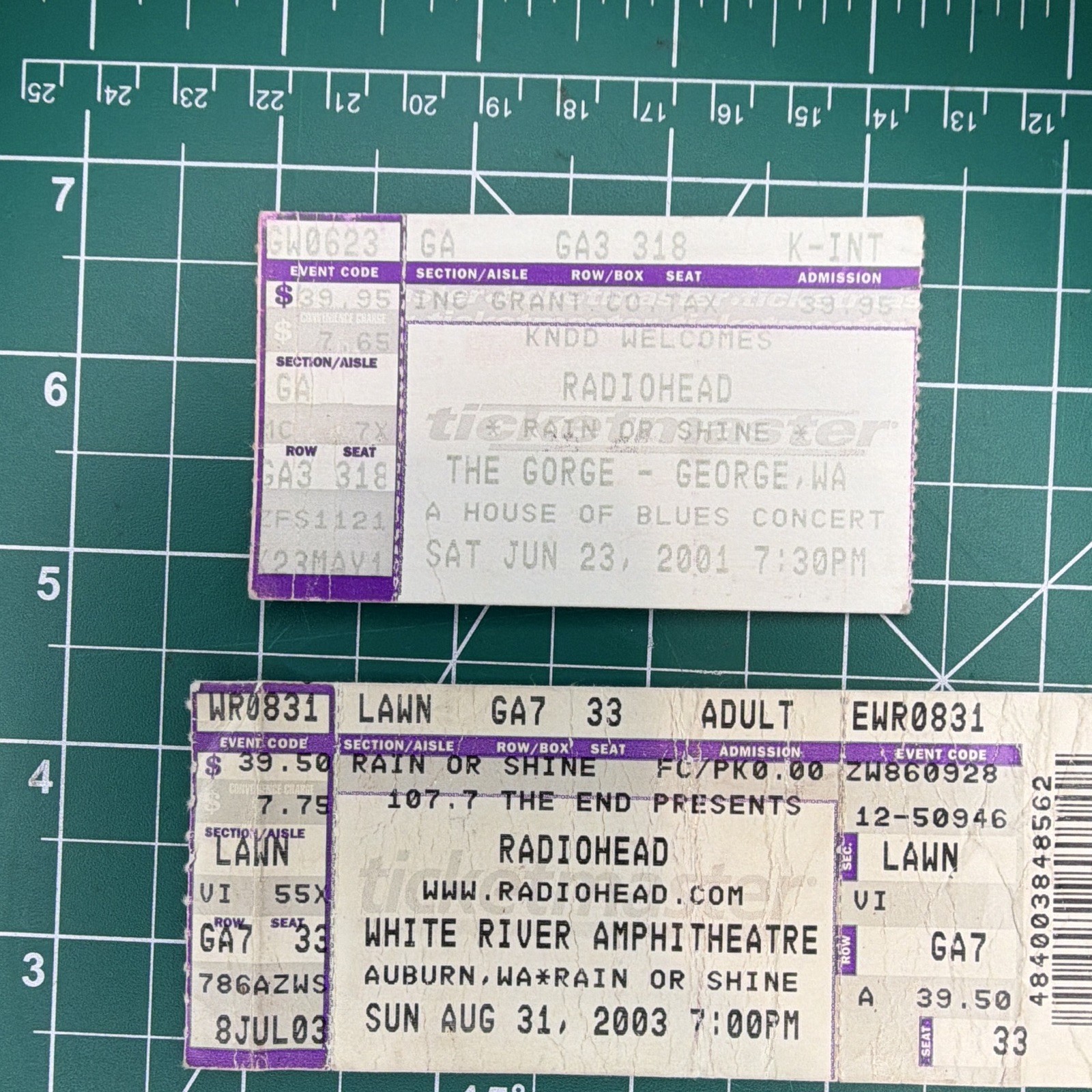 Radiohead Concert Ticket Stubs Lot of 2 The Gorge 2001 White River 2003