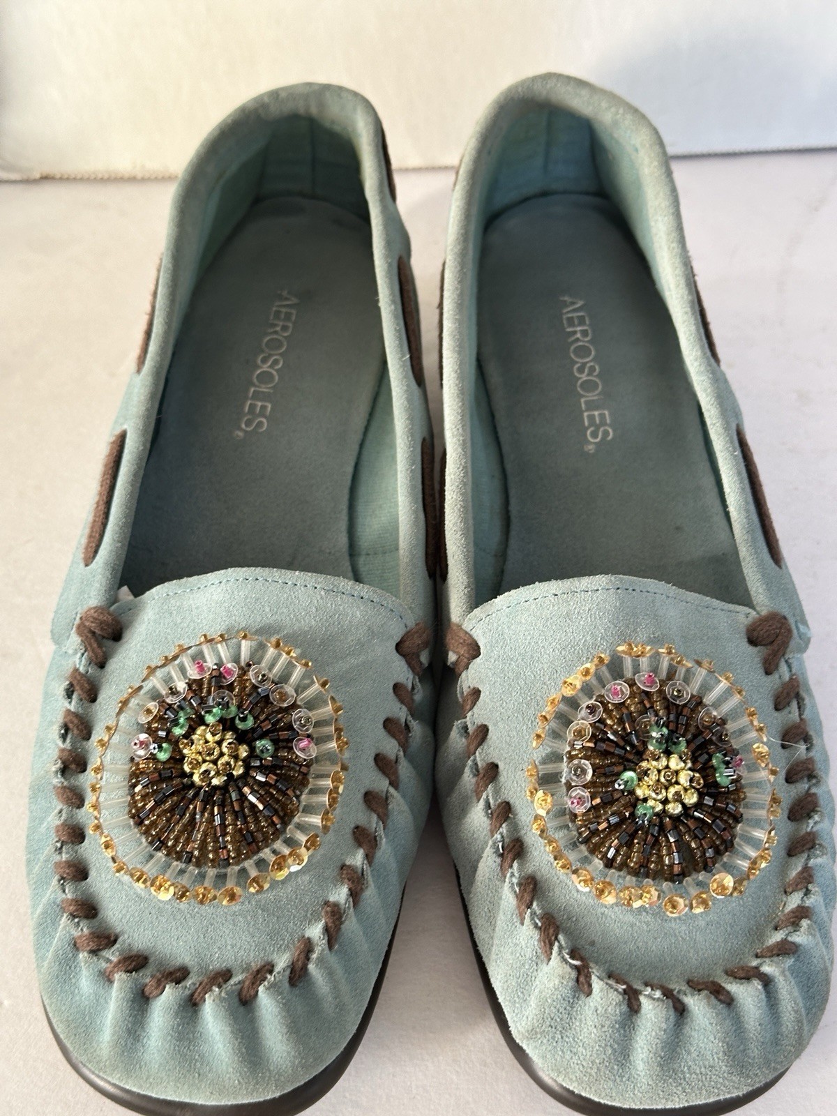 Women’s Aerosoles Jamboline Blue Suede Beaded Toe Detail Moccasins 9M  #691