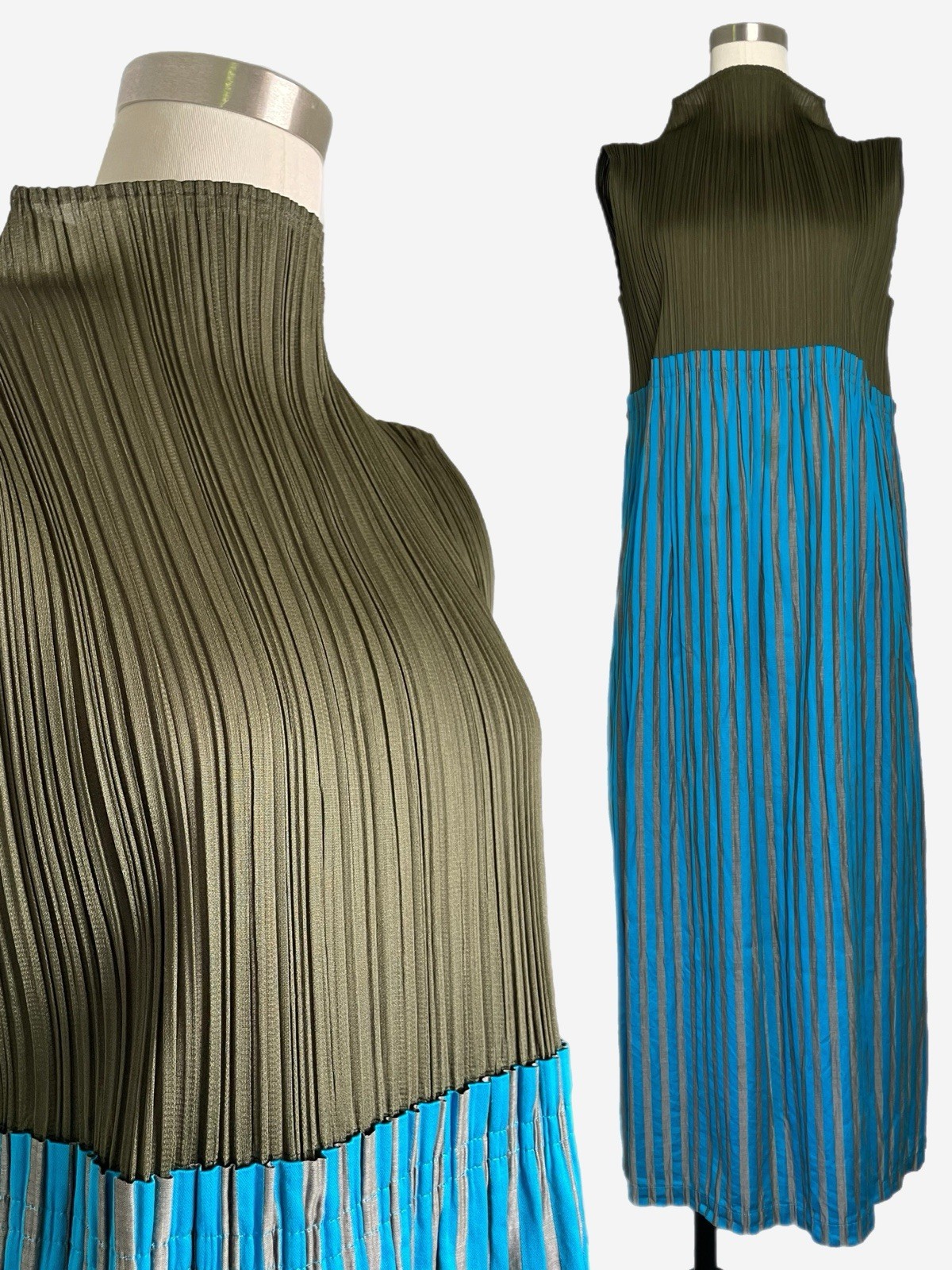 Issey Miyake Pleats Please Green blue pleated striped midi dress designer 3/M