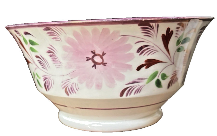 c 1820s English Pink Lusterware Bowl  Hand Painted Floral 4x6\