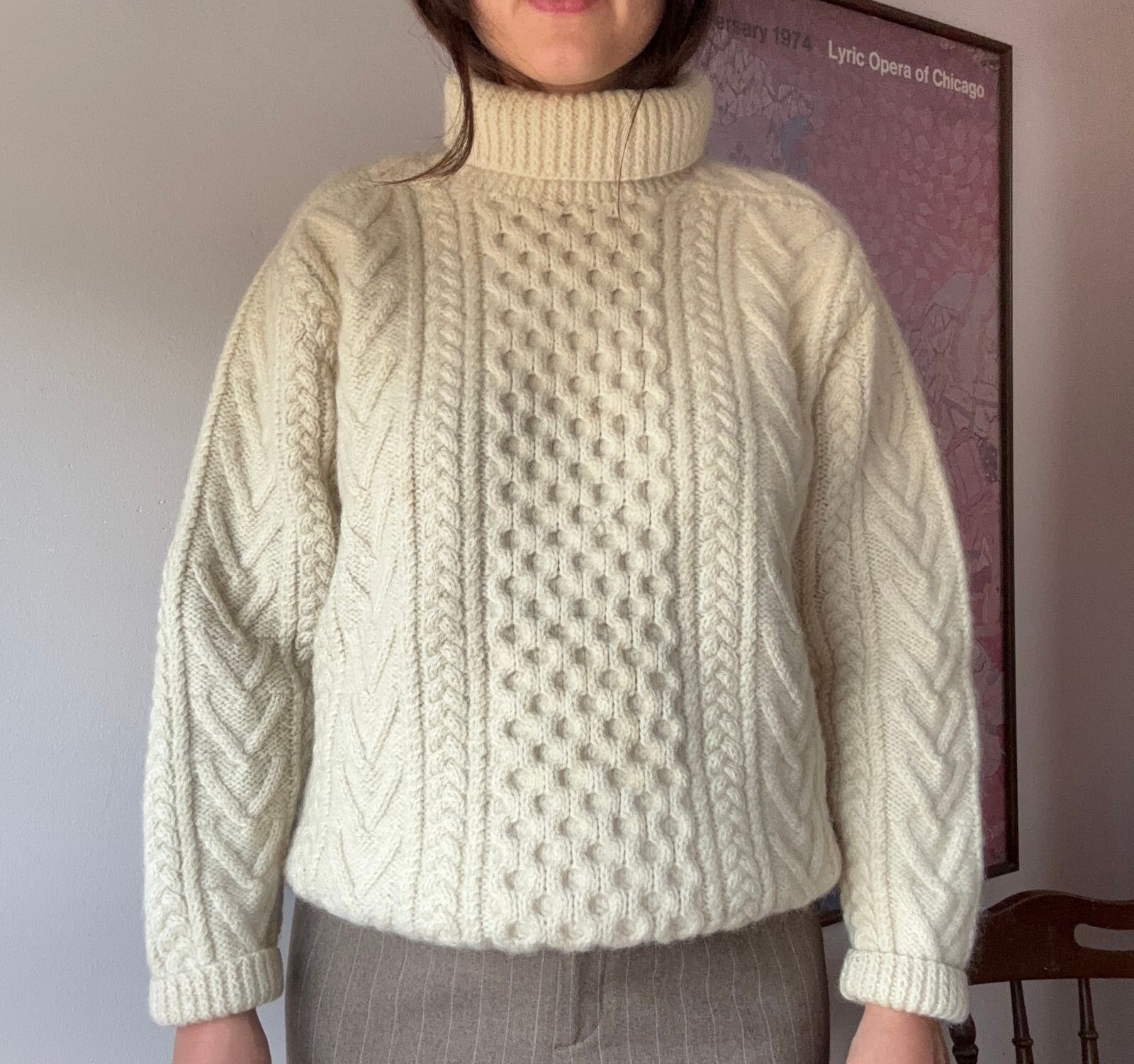 Vintage Saks Fifth Avenue Cream Wool Cable Knit Turtleneck Sweater