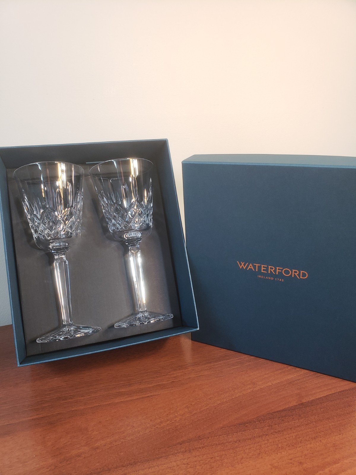 NEW Waterford Crystal Lismore Tall Wine Glasses 9.5” Goblets Set of 2 In Box