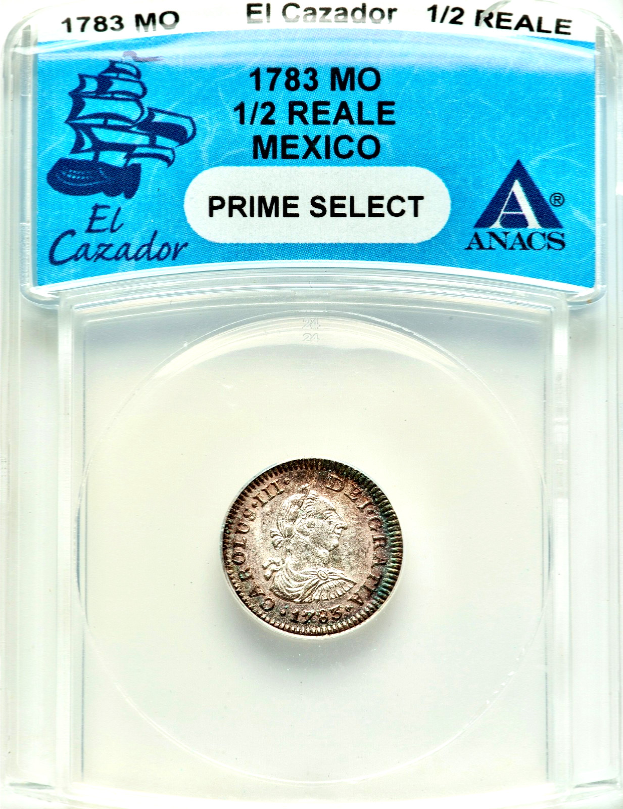1783 Mexico Charles III 1/2R Real EL CAZADOR Silver Shipwreck ANACS Prime Select