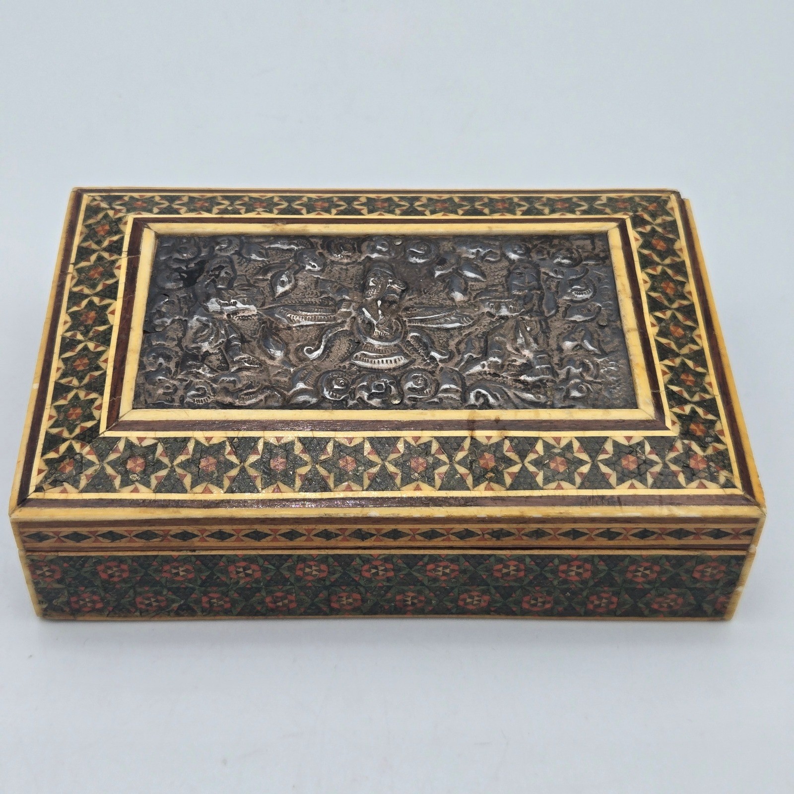 Vintage Khatam Kari Wood Inlay Jewelry Trinket Box with Silver Repousse Scene
