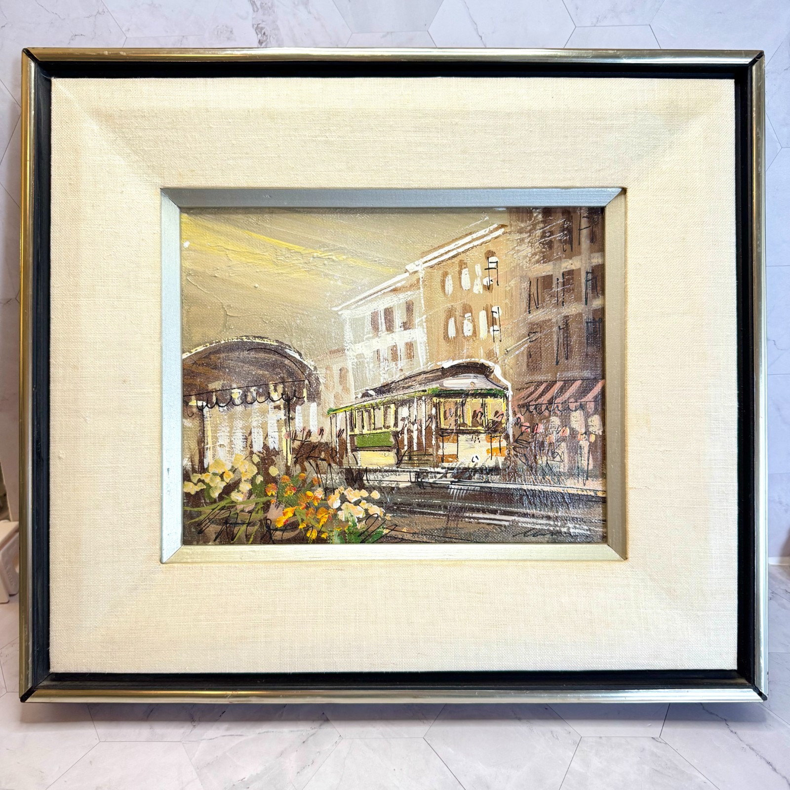John Checkley Original Oil Painting Trolley Street Car Flower Cart MCM 8x10 EUC