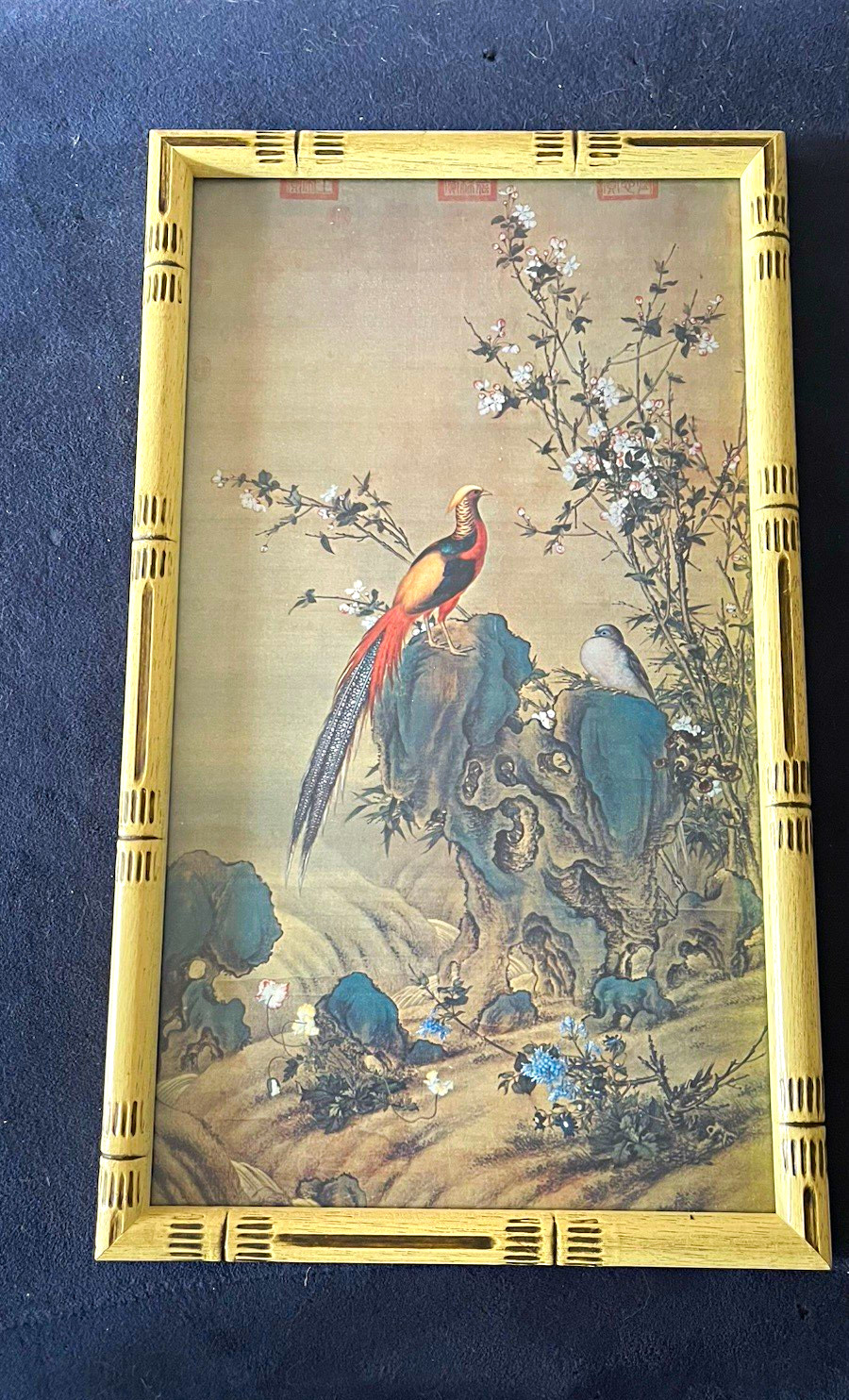 Vintage Reproduction Print “Pheasants Among Rocks and Flowers” Lang Shih-ning