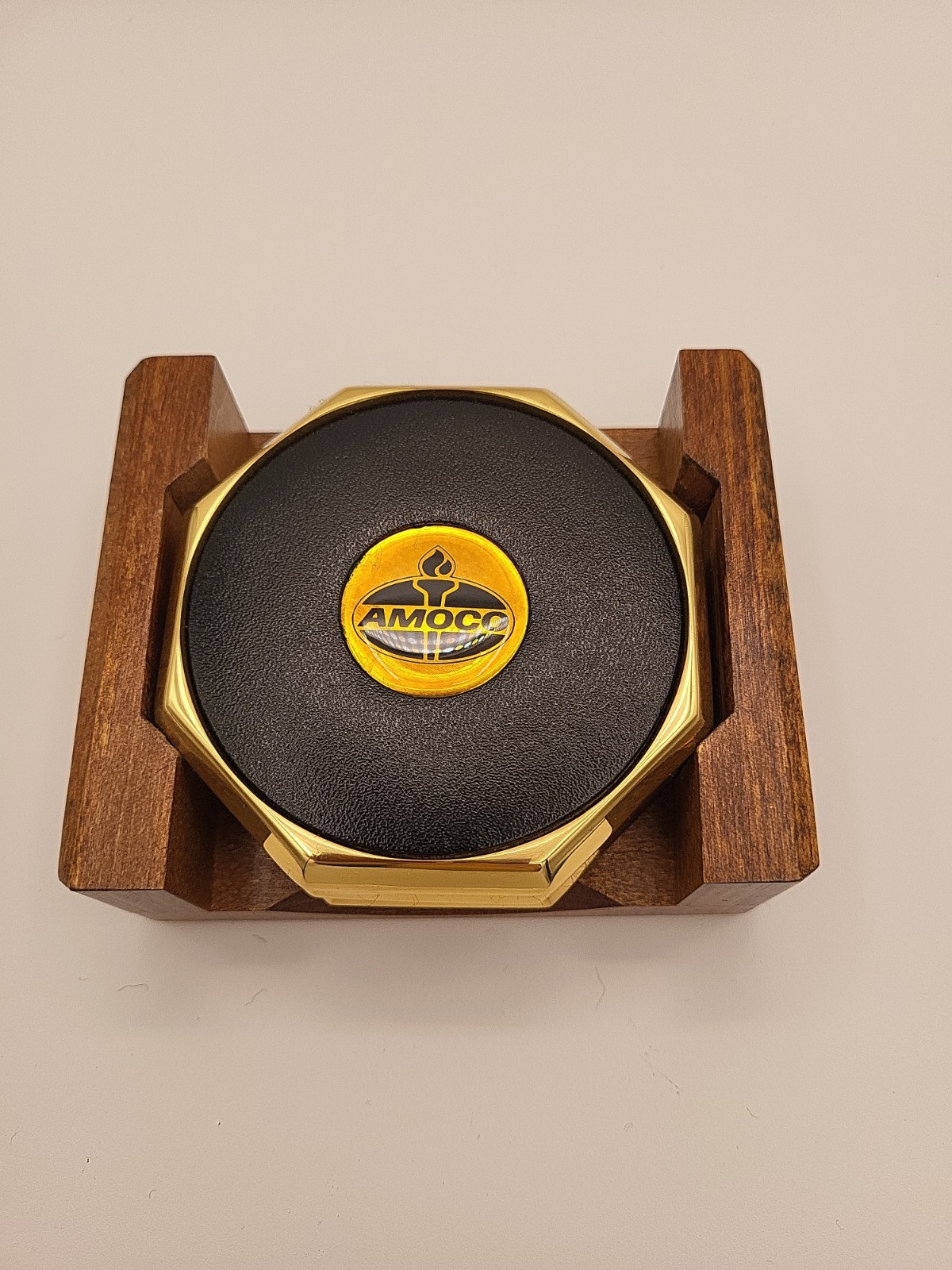 Vintage Amoco Oil Brass And Leather Coasters In Wood Base Set Of 4 Vintage Amoco Oil Brass And Leather Coasters In Wood Base Set Of 4