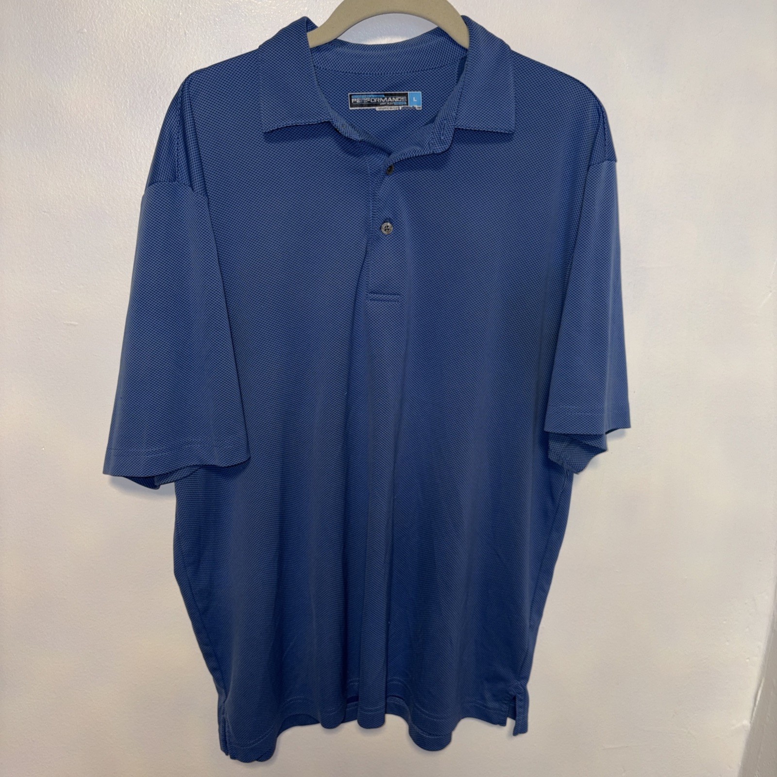 Roundtree and Yorke Polo Shirt Mens Large Golf Performance Blue Diamond Print Roundtree and Yorke Polo Shirt Mens Large Golf Performance Blue Diamond Print