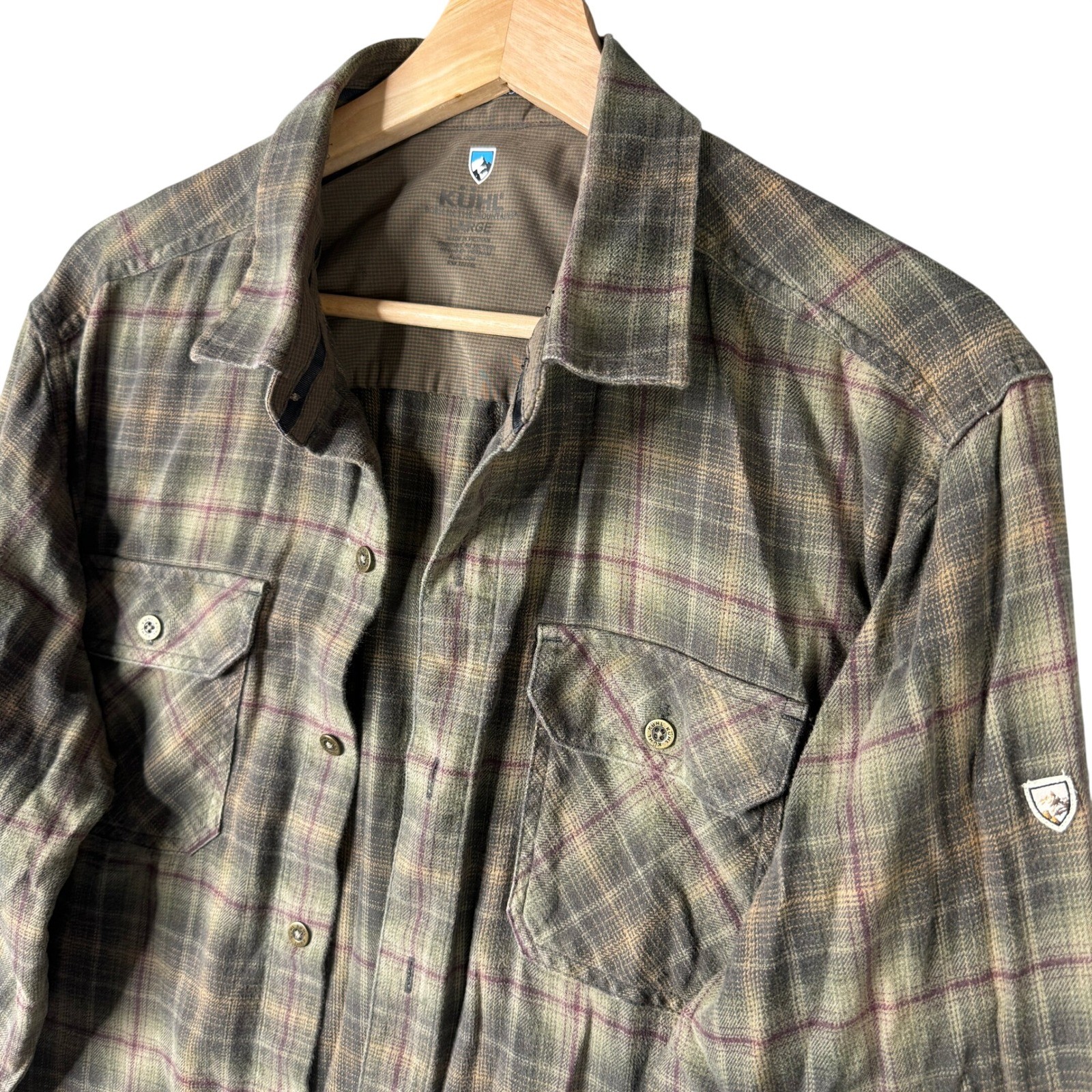 KUHL Fugitive Plaid Flannel Shirt Mens Large Olive Green Cotton Tencel 7186