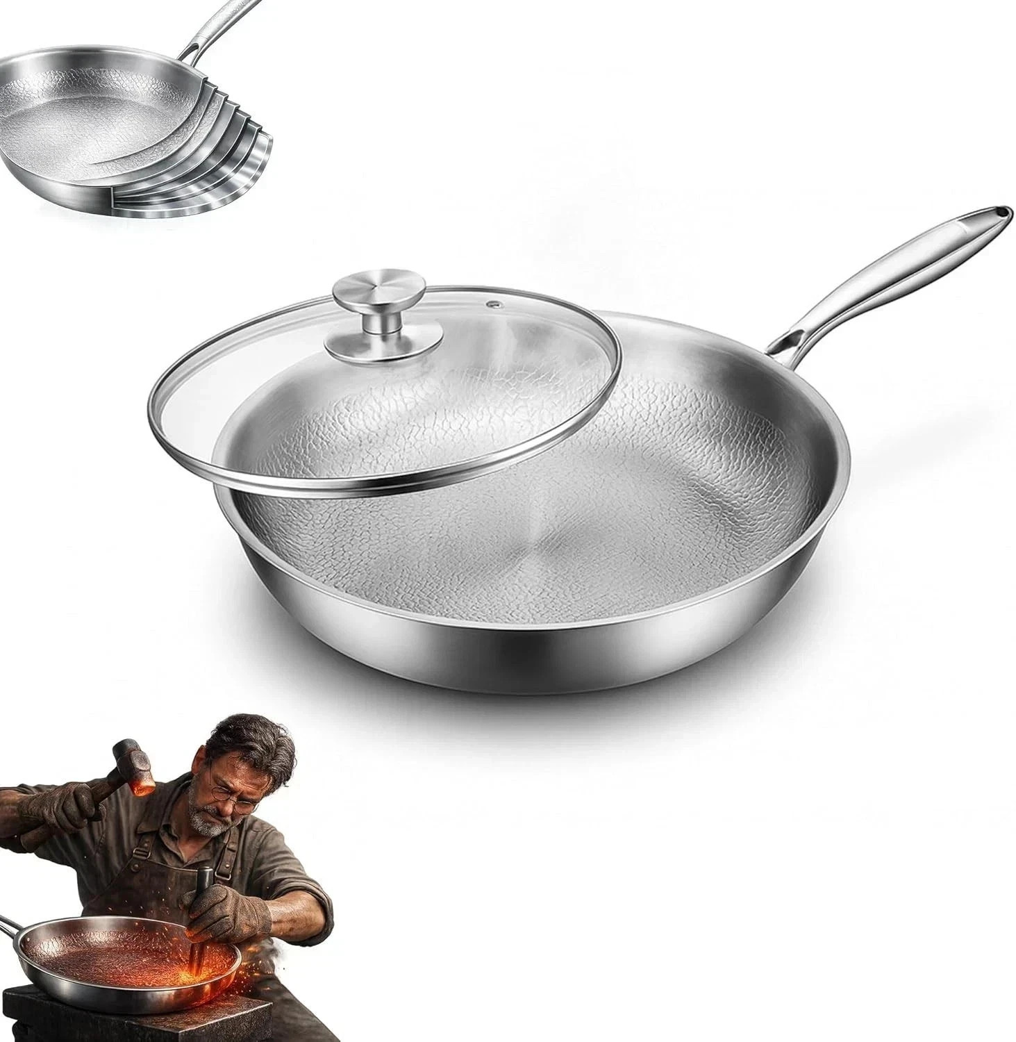 Pure Titanium Hammered Frying Pan with Lid, 12 Inch Skillet, No Coating Cookw...