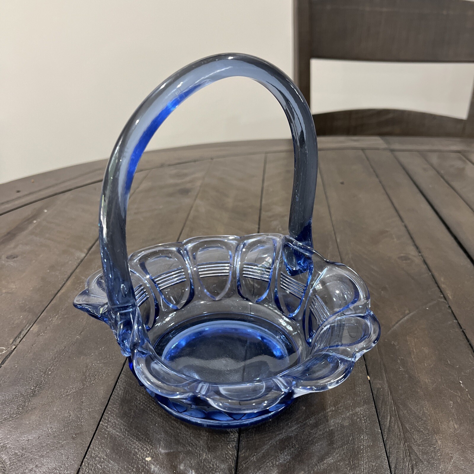 Vintage Fenton Barred Tanzanite Blue Art Glass Basket 7 1/4