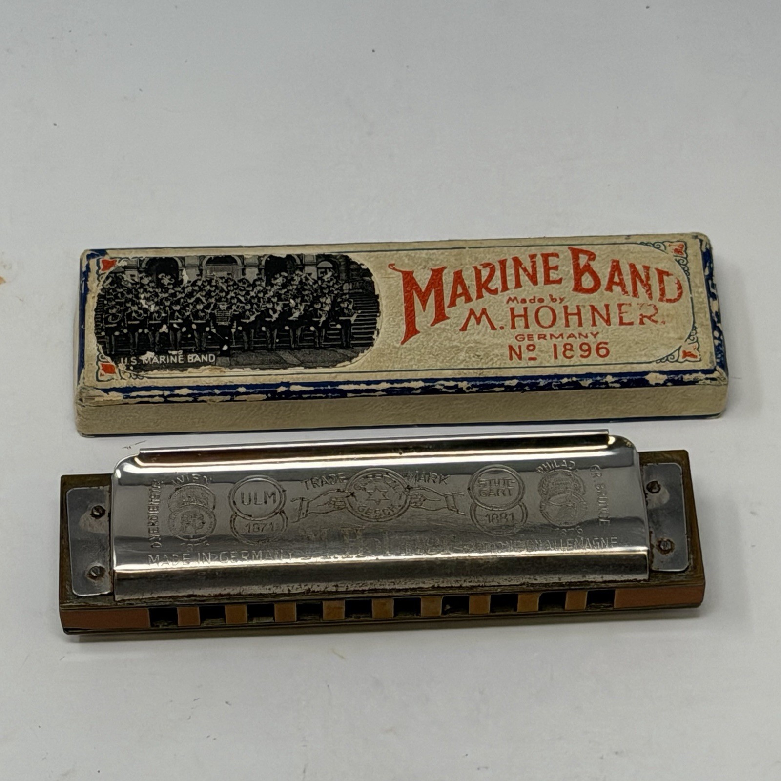 Vintage Pre War M Hohner Marine Band 1896 Harmonica 6 Point Star Germany Box Lid