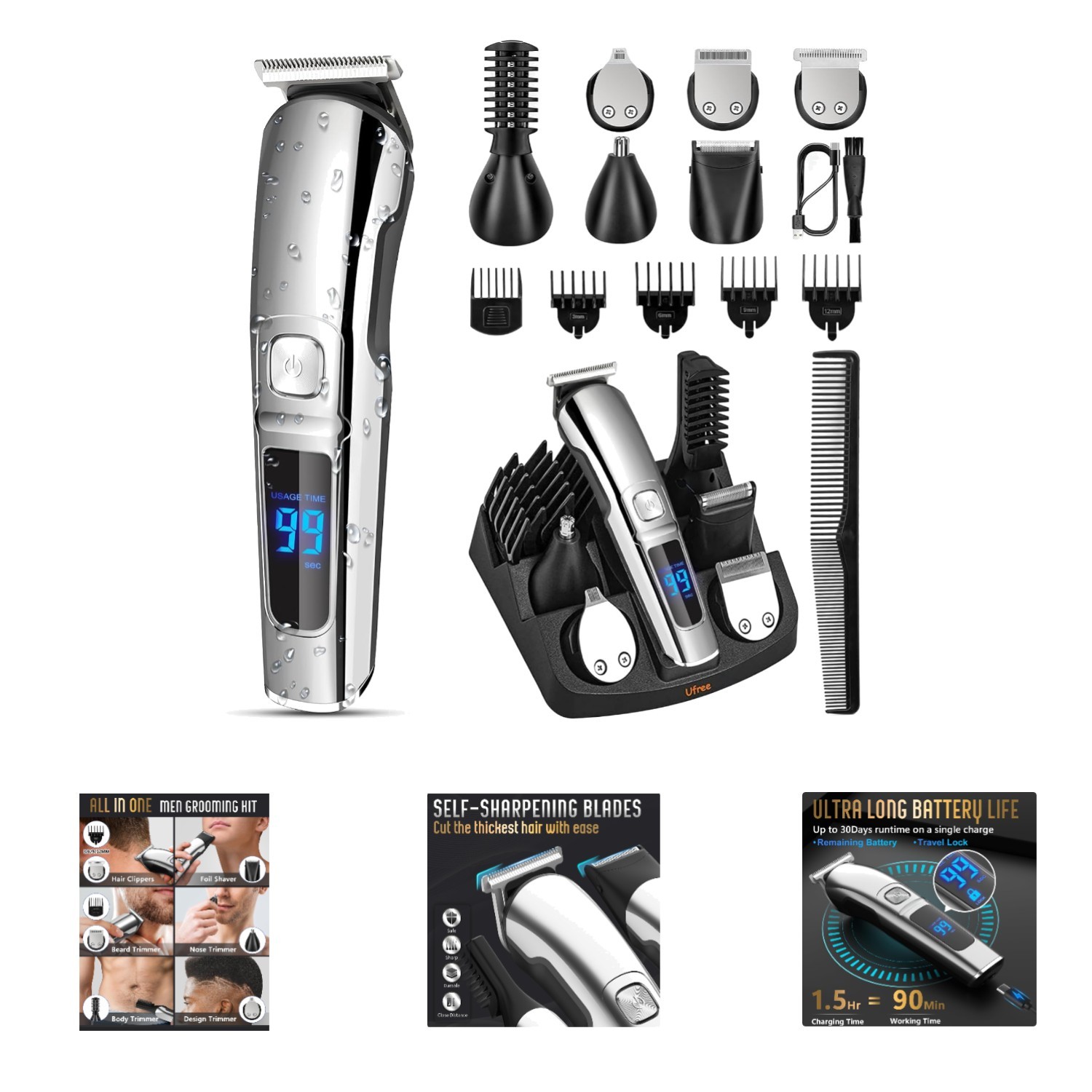 All-in-One Waterproof Beard Trimmer & Grooming Kit with USB Rechargeable Battery