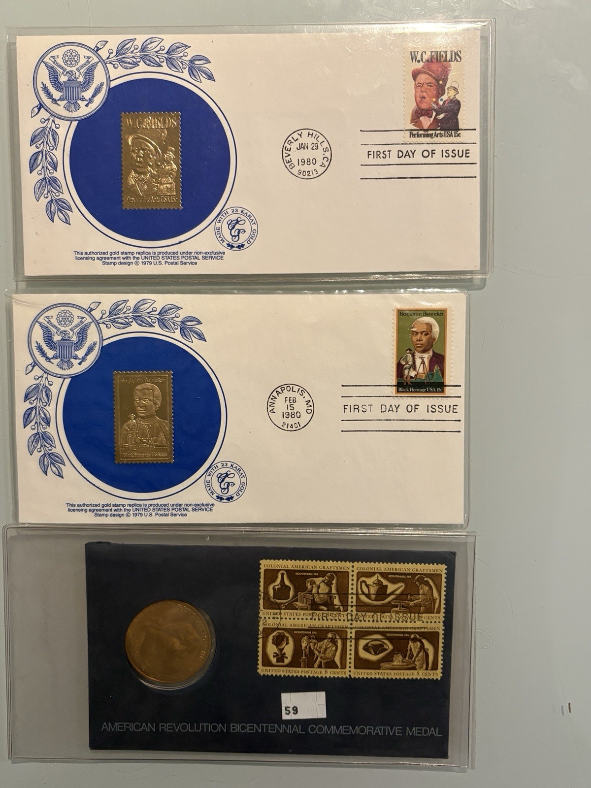 Vintage Gold Stamp Replica First Day Covers Lot + 1972 Bicentennial Medal FDC