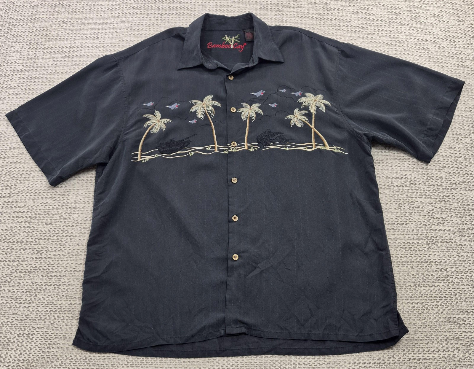 Bamboo Cay Hawaiian Shirt Mens XL Black Military Embroidered Short Sleeve Button