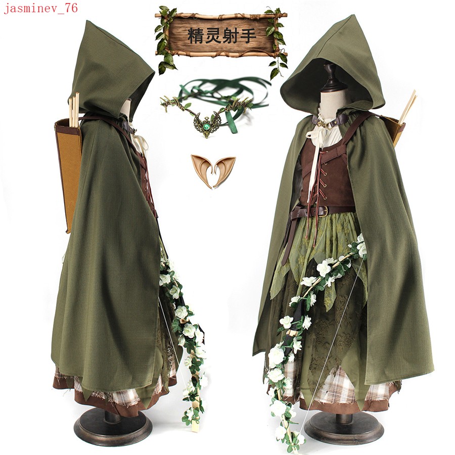 Halloween Child Girl Elf Archer Long Dress Cosplay Costume Hooded Cloak Full Set