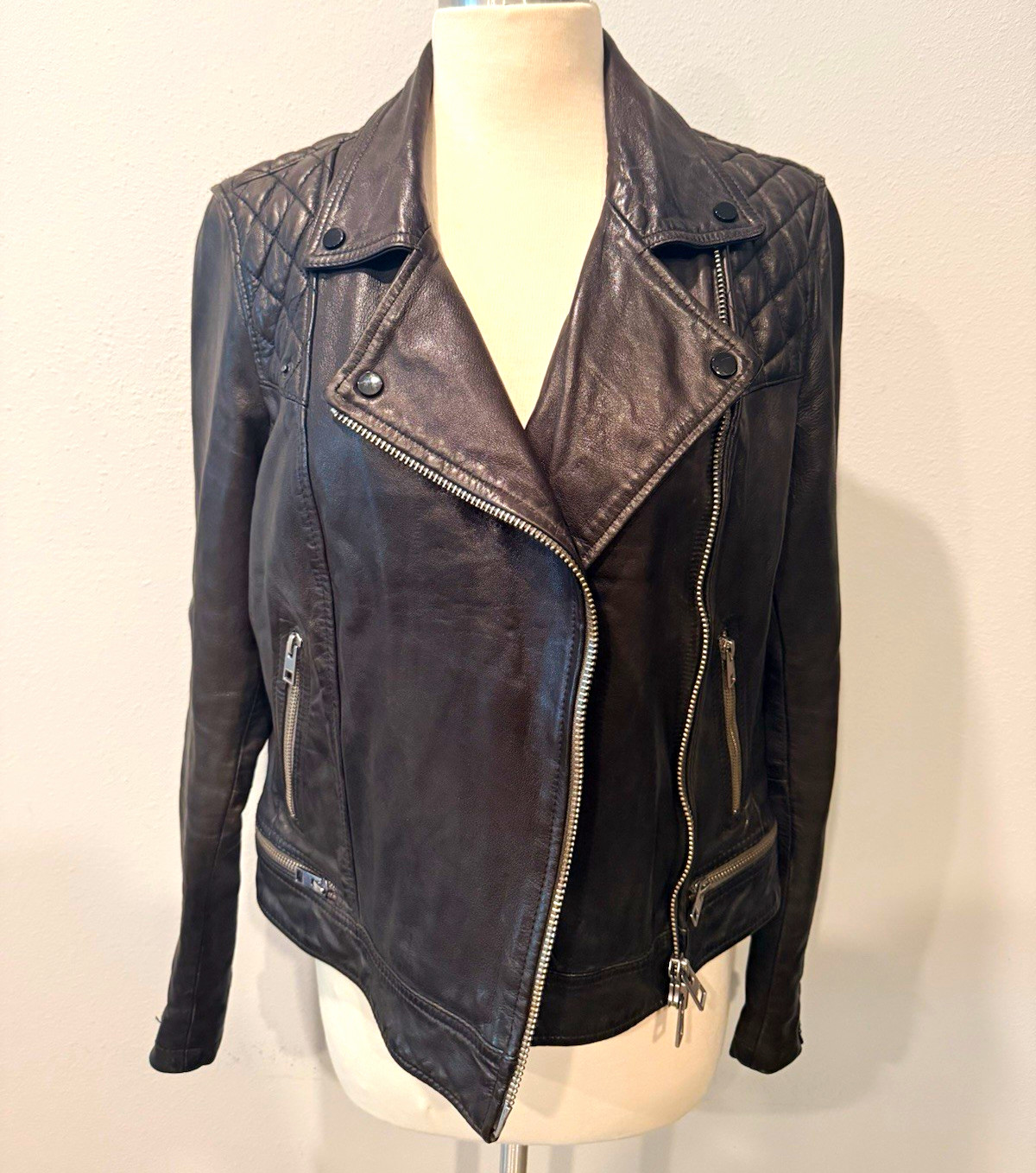 AllSaints Black Leather Biker Jacket Womens 8 Short Quilted Zip Snap Pockets
