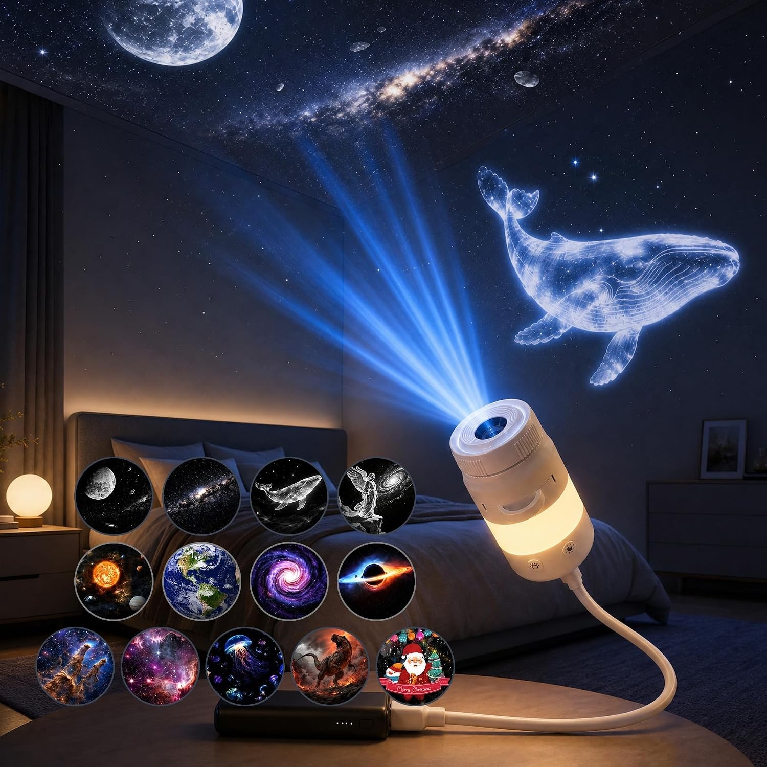 2in1 Galaxy Projector Night Light, USB 5d HD Holographic Projector 360 Rotating