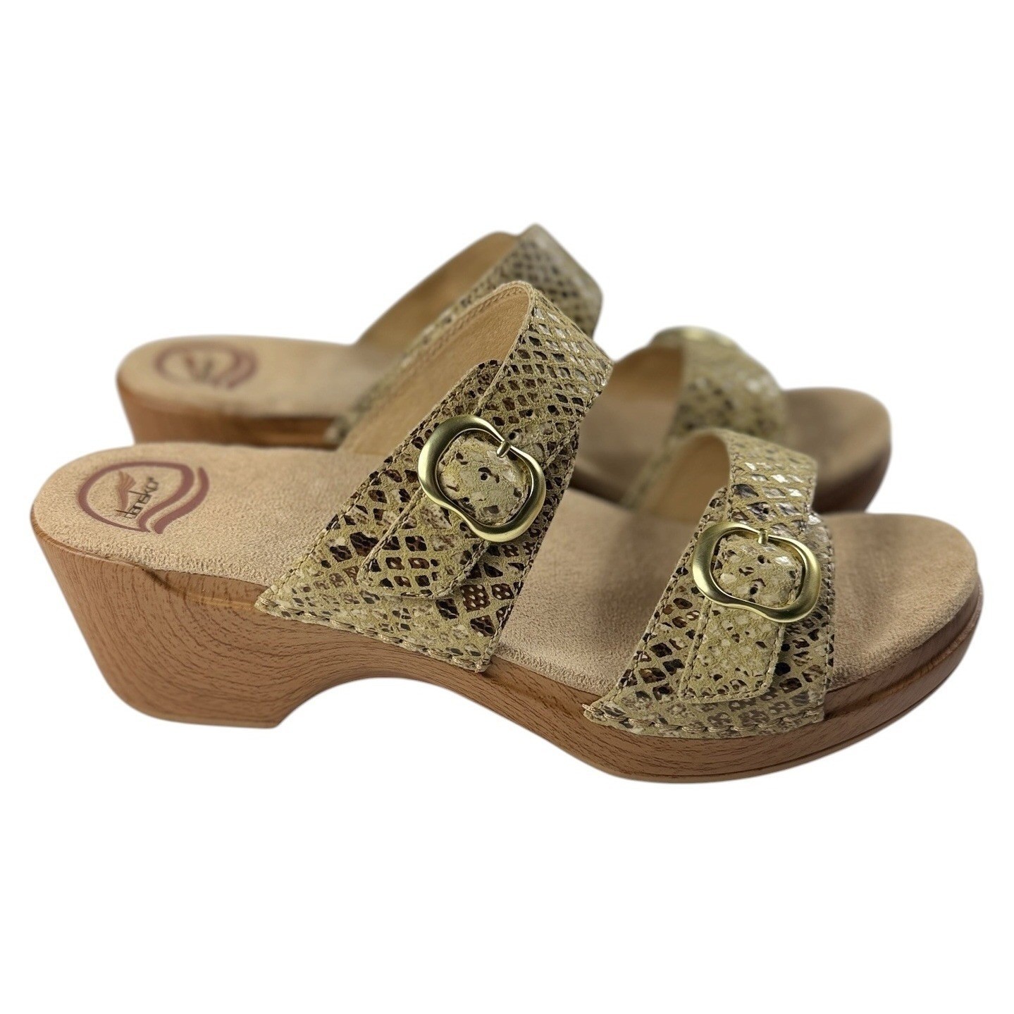 Dansko Sophie Snake Print Leather Slide Sandals Tan Gold EU 41 US 10.5-11 NEW
