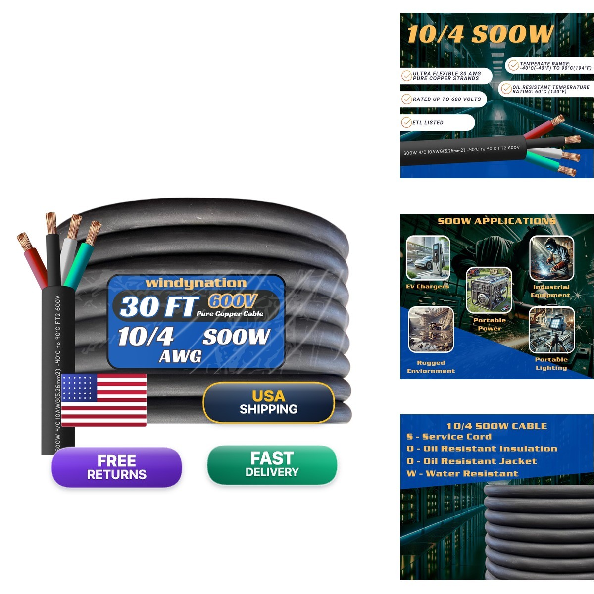 Windynation 10/4 30 Feet 10 Awg Soow So Cable Cord Wire - 10 Gauge 4 Conductor