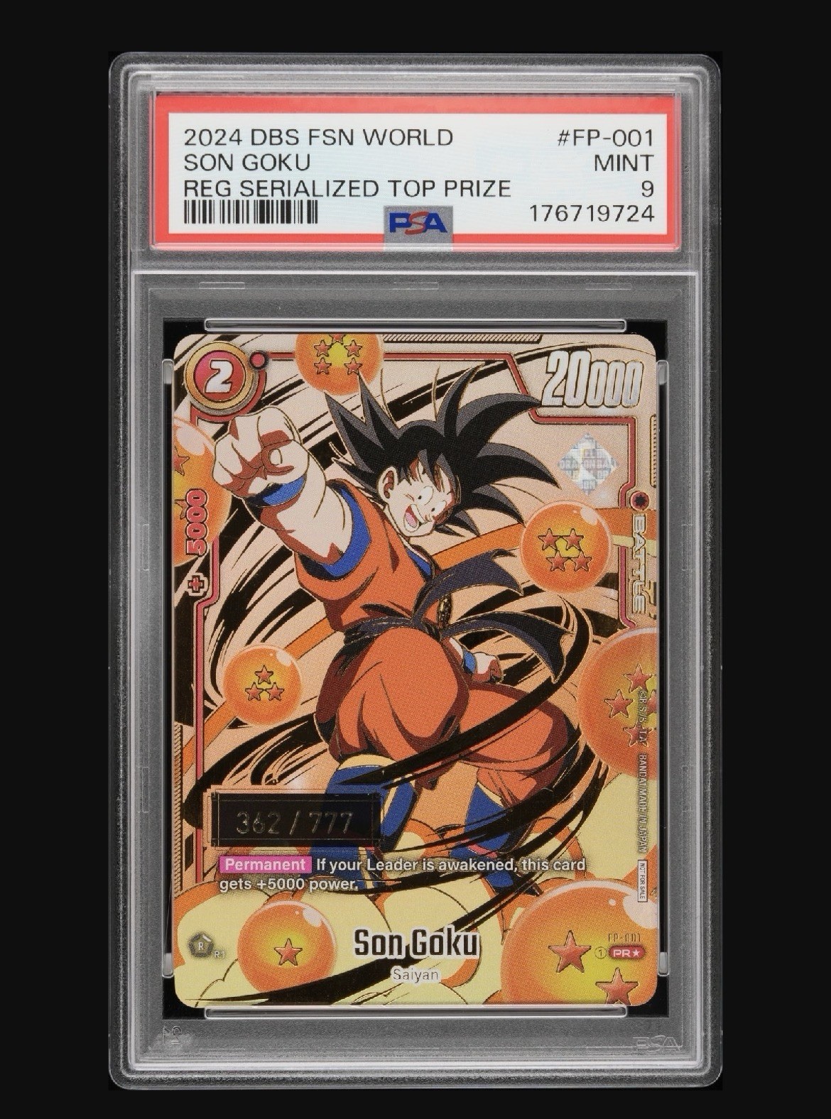 Bandai 2024 DBS Fusion World Son Goku FP-001 PSA 9 Serial Regional Top Prize Bandai 2024 DBS Fusion World Son Goku FP-001 PSA 9 Serial Regional Top Prize
