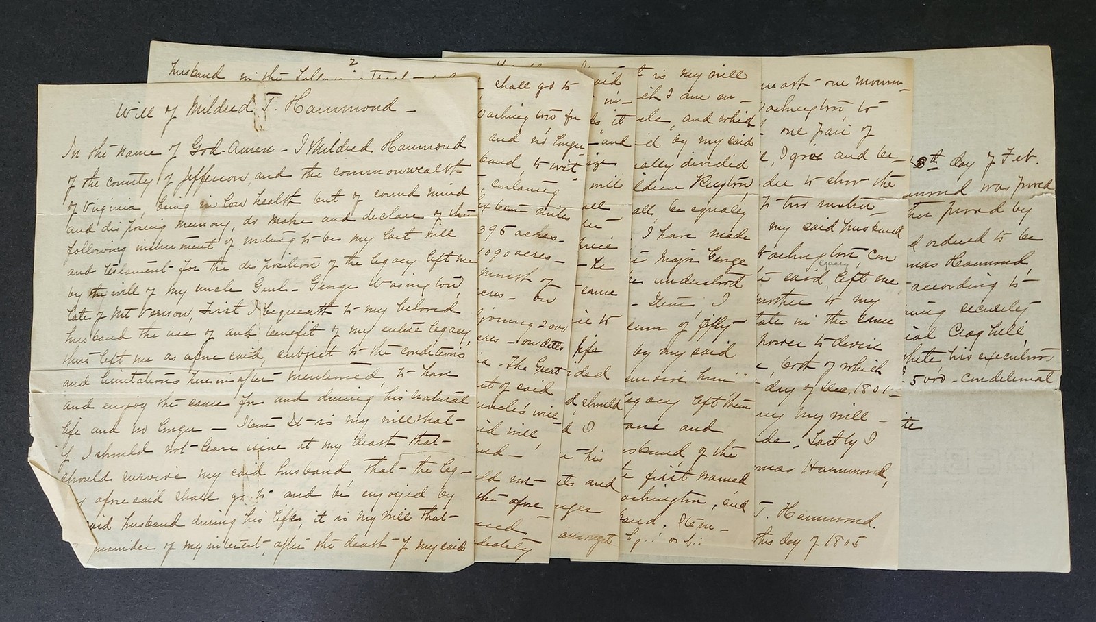 1805 antique WILL of MILDRED HAMMOND jefferson va handwritten 