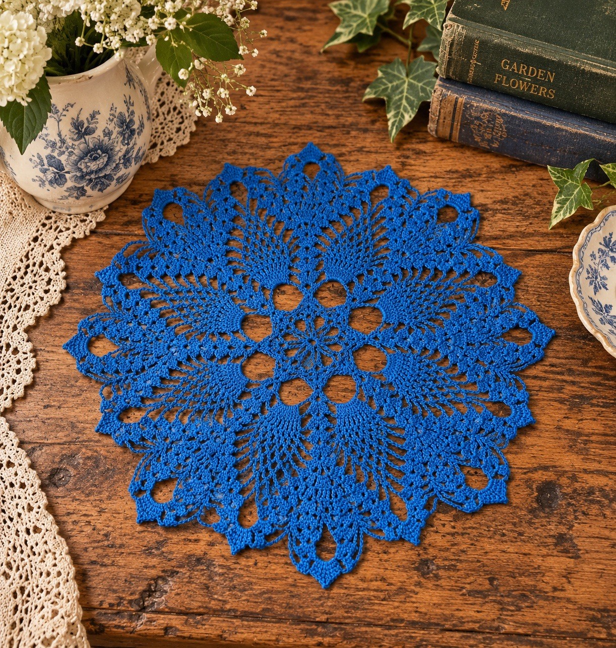 Vtg Hand Crochet Blue Doily Round Floral Pineapple Lace Scalloped Cottage 10.25”