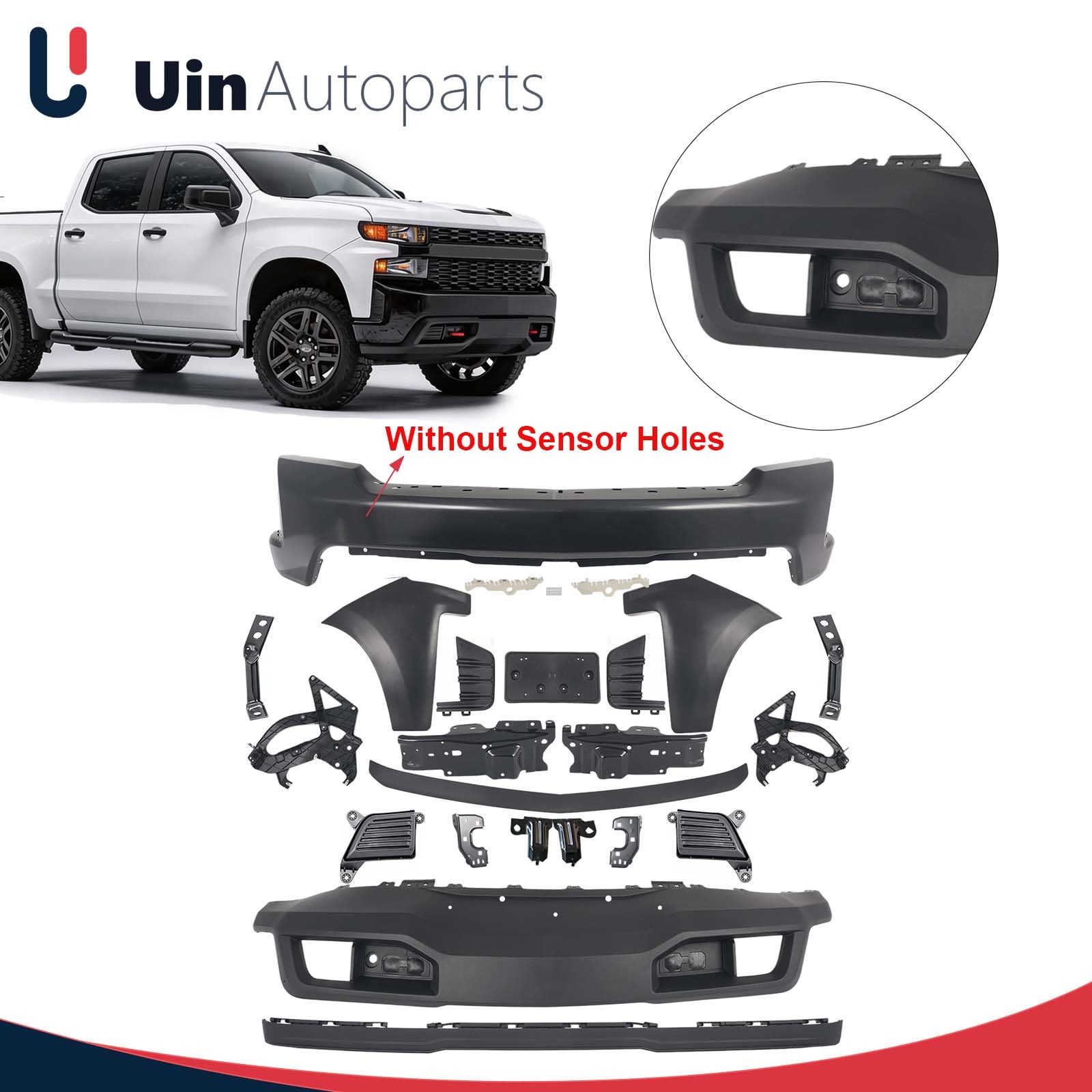 Fit 2019-22 Chevrolet Silverado 1500 Front Bumper Kit W/ Fog Lamp Covers +Trim Fit 2019-22 Chevrolet Silverado 1500 Front Bumper Kit W/ Fog Lamp Covers +Trim