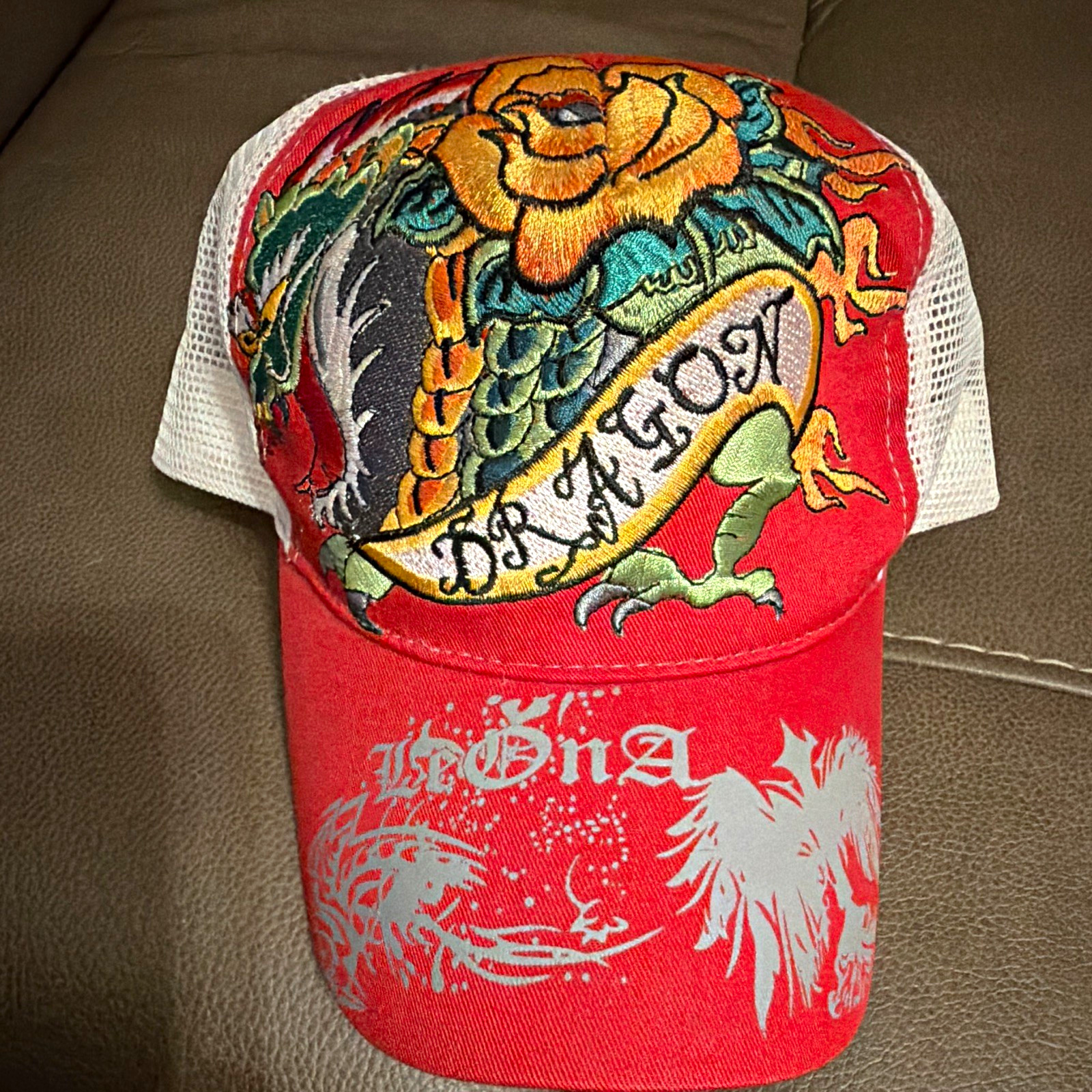 Ed Hardy Red & White Mesh Back Trucker Hat Dragon Graphic Print One Size Men