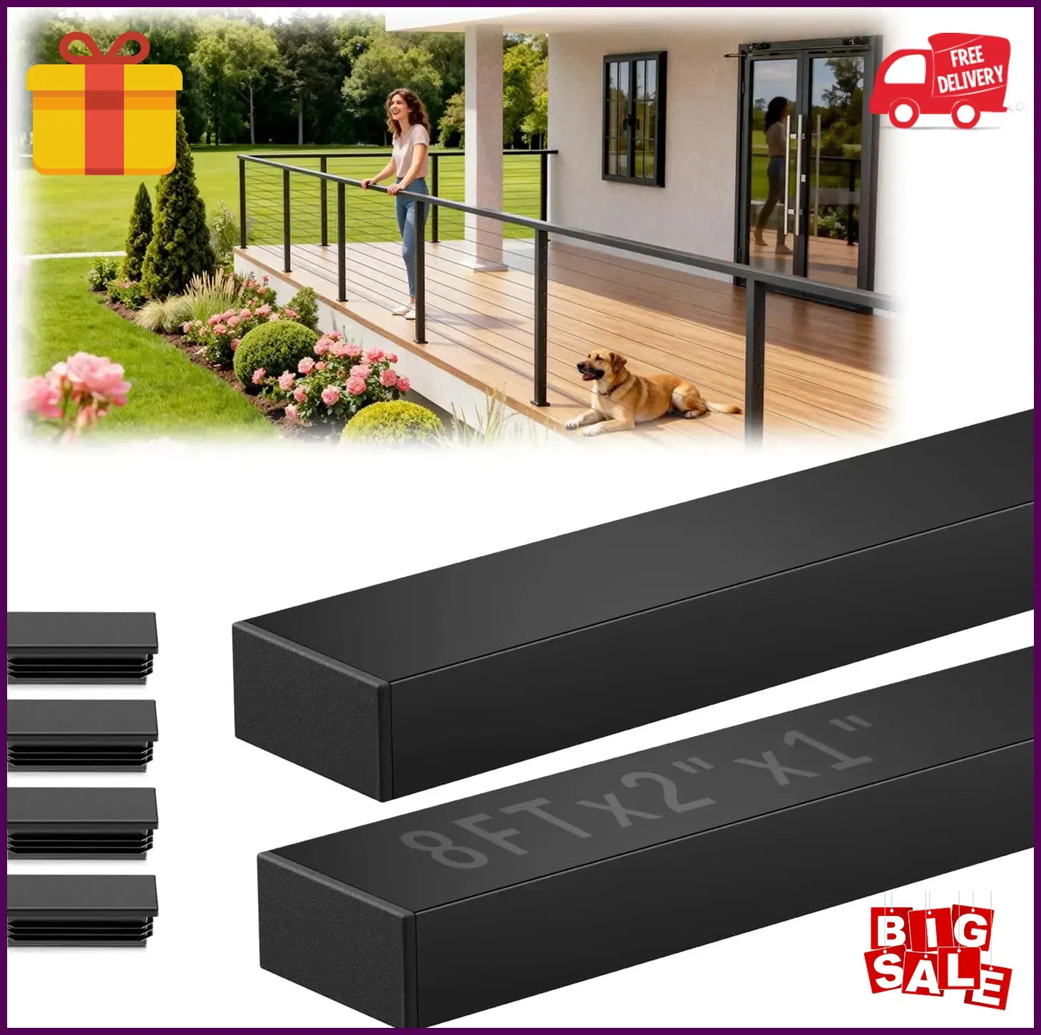 8Ftx2Inx1In Black Cable Railing Handrail 2 Pack, Stainless Steel T304 Rectangula 8Ftx2Inx1In Black Cable Railing Handrail 2 Pack, Stainless Steel T304 Rectangula