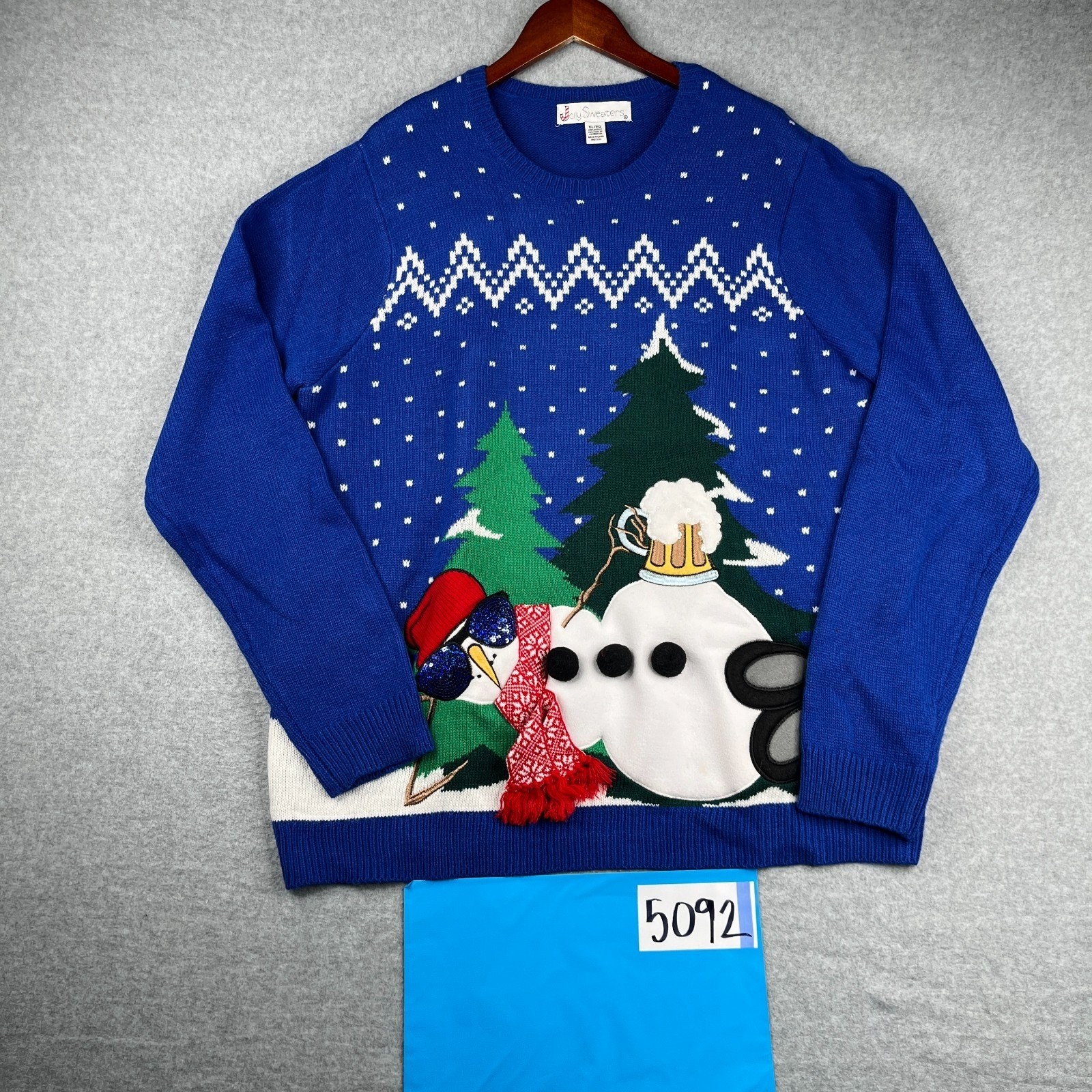 Jolly Sweaters Funny Christmas Sweater XL Blue Knit Snowman Beer Casual Party